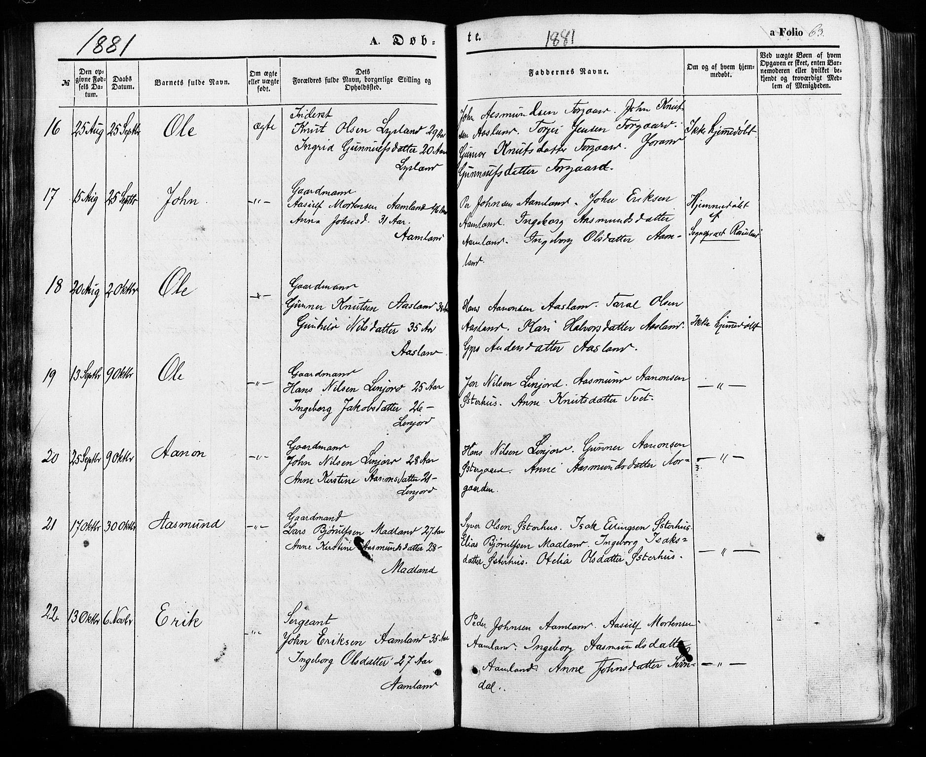 Åseral sokneprestkontor, AV/SAK-1111-0051/F/Fa/L0002: Parish register (official) no. A 2, 1854-1884, p. 63