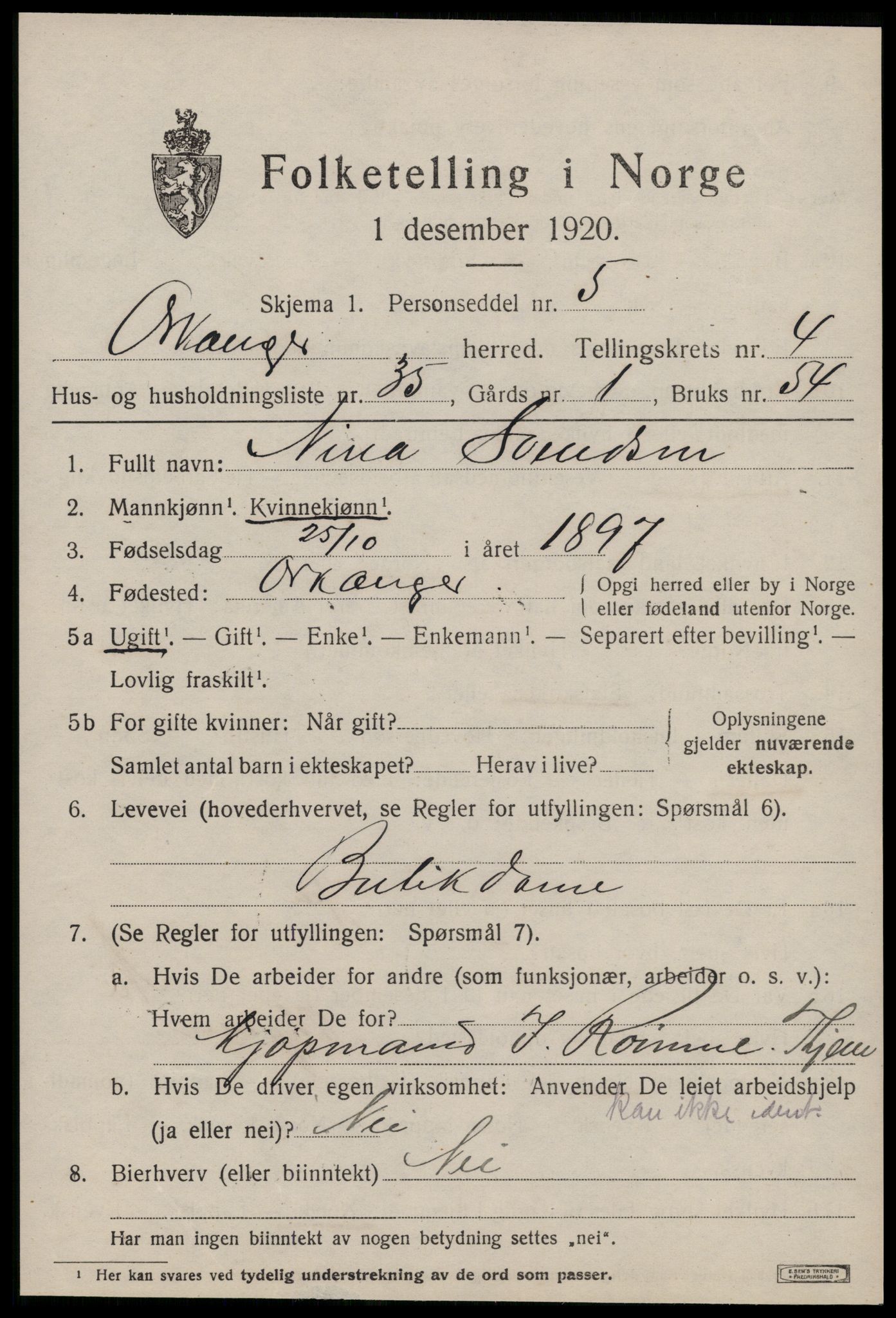 SAT, 1920 census for Orkanger, 1920, p. 2525