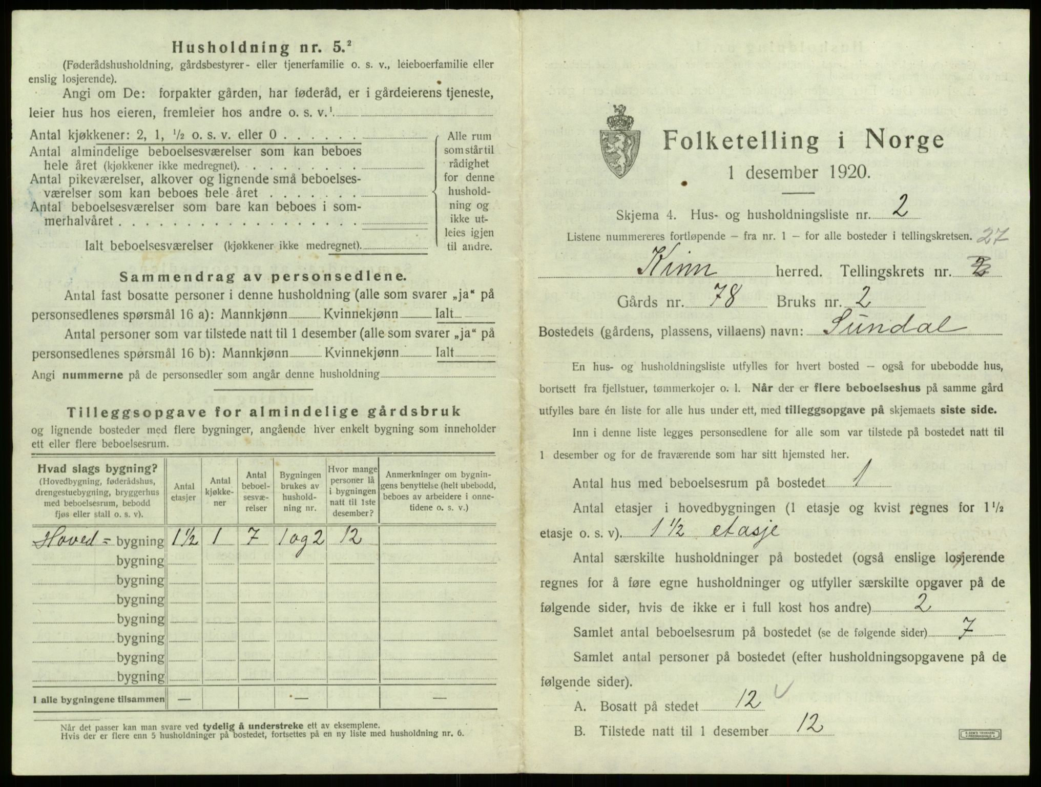 SAB, 1920 census for Kinn, 1920, p. 1292