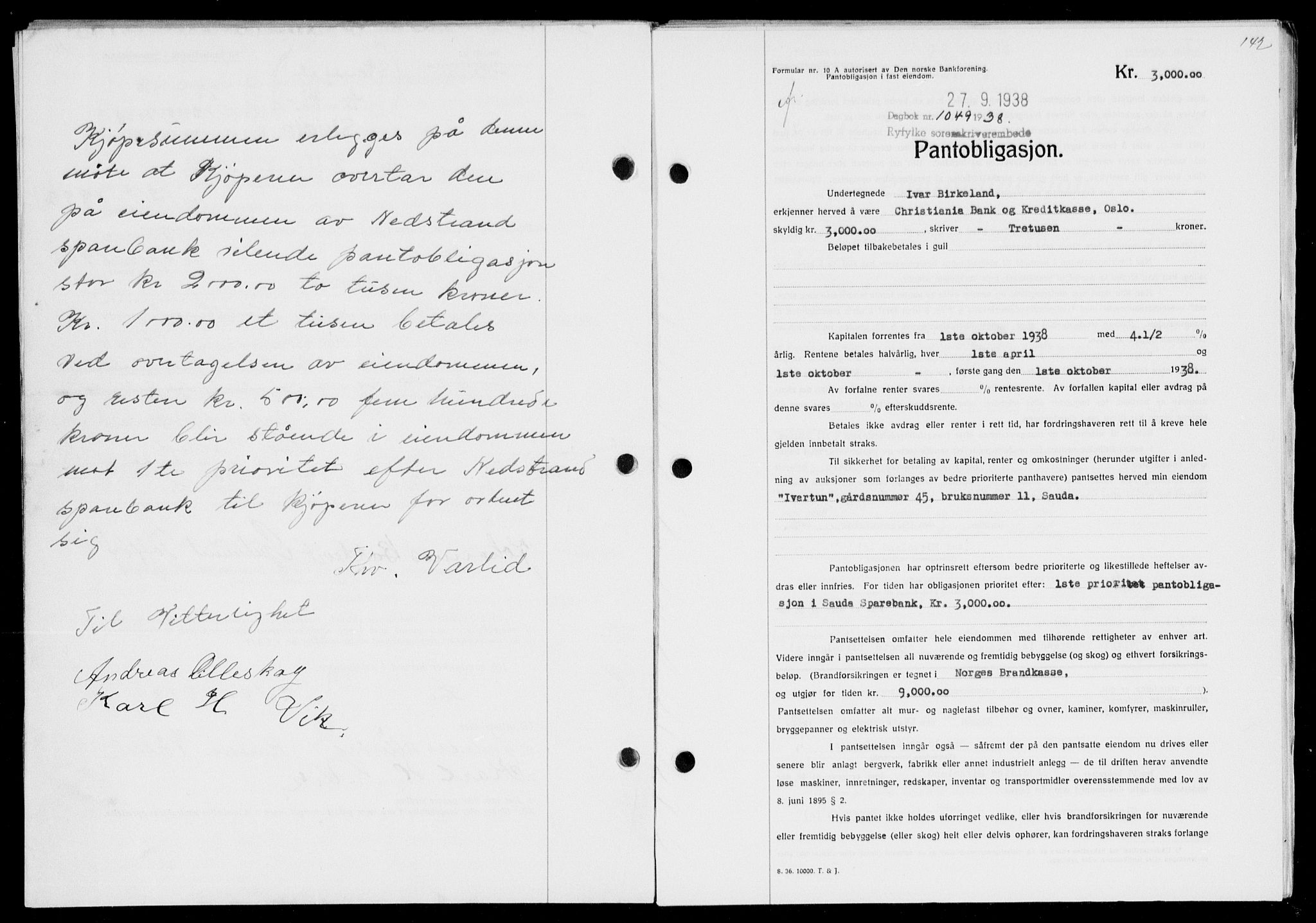 Ryfylke tingrett, SAST/A-100055/001/II/IIB/L0078: Mortgage book no. 57, 1938-1938, Diary no: : 1049/1938