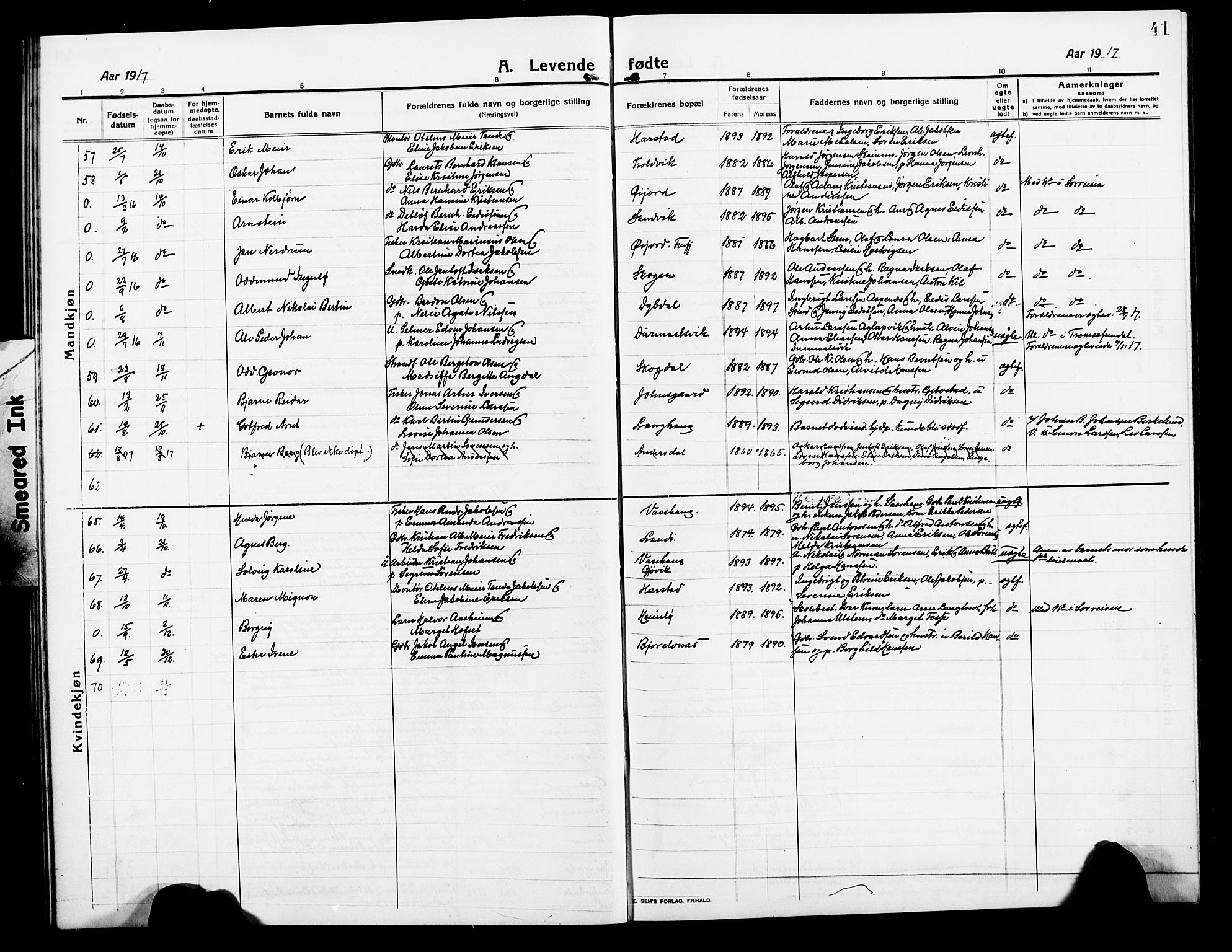 Lenvik sokneprestembete, AV/SATØ-S-1310/H/Ha/Hab/L0009klokker: Parish register (copy) no. 9, 1912-1926, p. 41