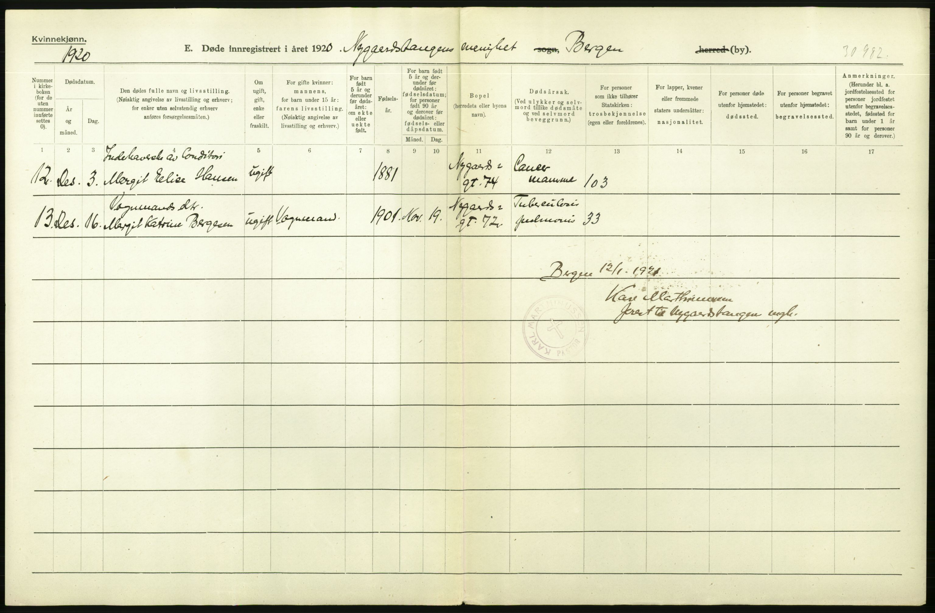 Statistisk sentralbyrå, Sosiodemografiske emner, Befolkning, AV/RA-S-2228/D/Df/Dfb/Dfbj/L0042: Bergen: Gifte, døde, dødfødte., 1920, p. 274