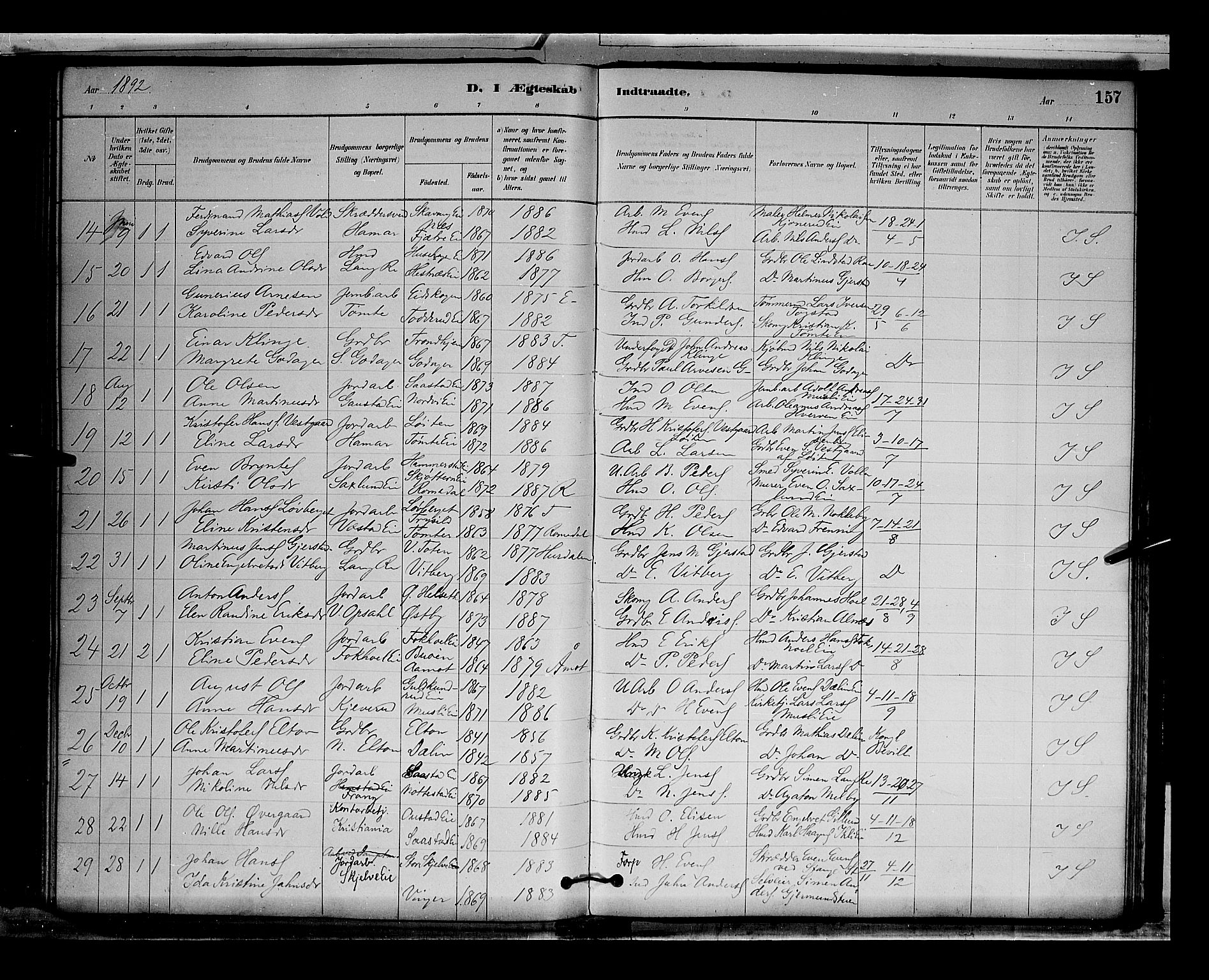 Stange prestekontor, AV/SAH-PREST-002/L/L0009: Parish register (copy) no. 9, 1883-1899, p. 157