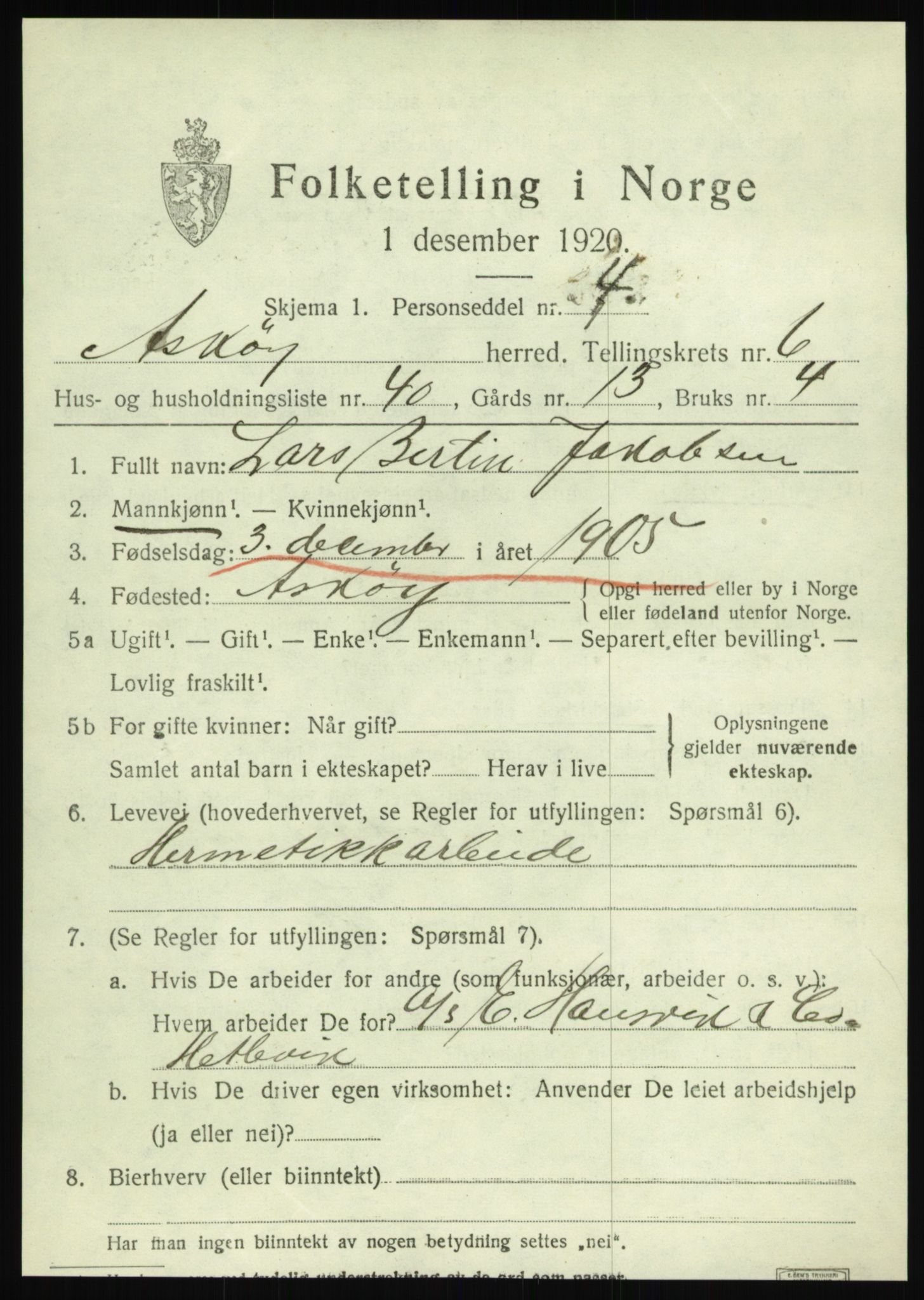 SAB, 1920 census for Askøy, 1920, p. 10648