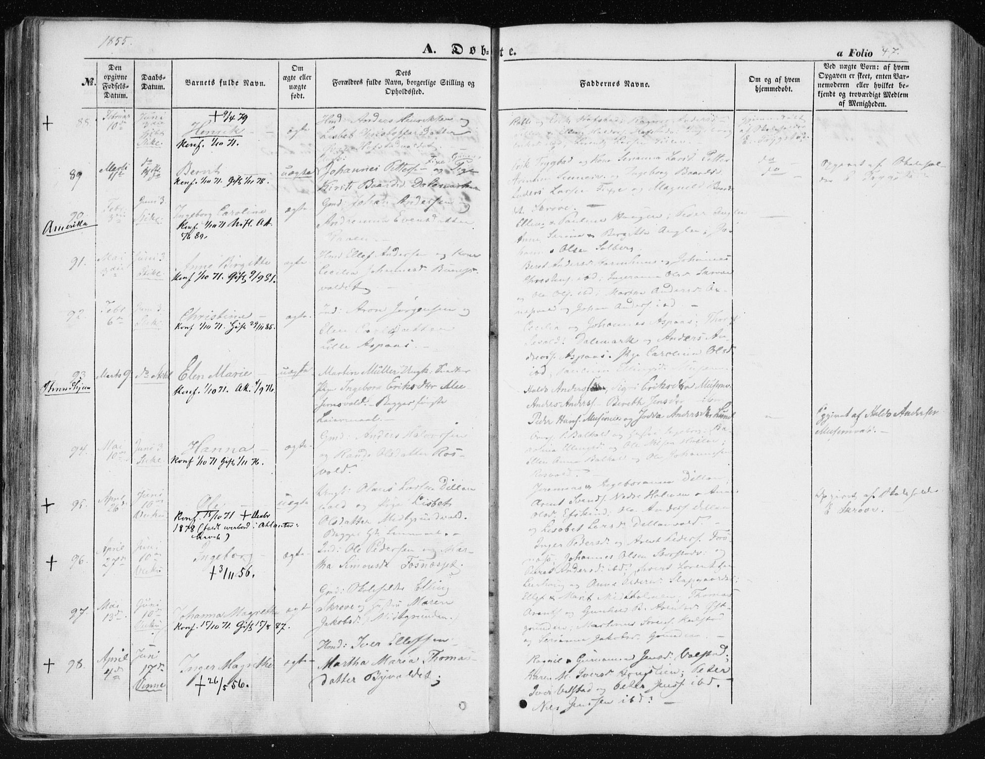 Ministerialprotokoller, klokkerbøker og fødselsregistre - Nord-Trøndelag, SAT/A-1458/723/L0240: Parish register (official) no. 723A09, 1852-1860, p. 47