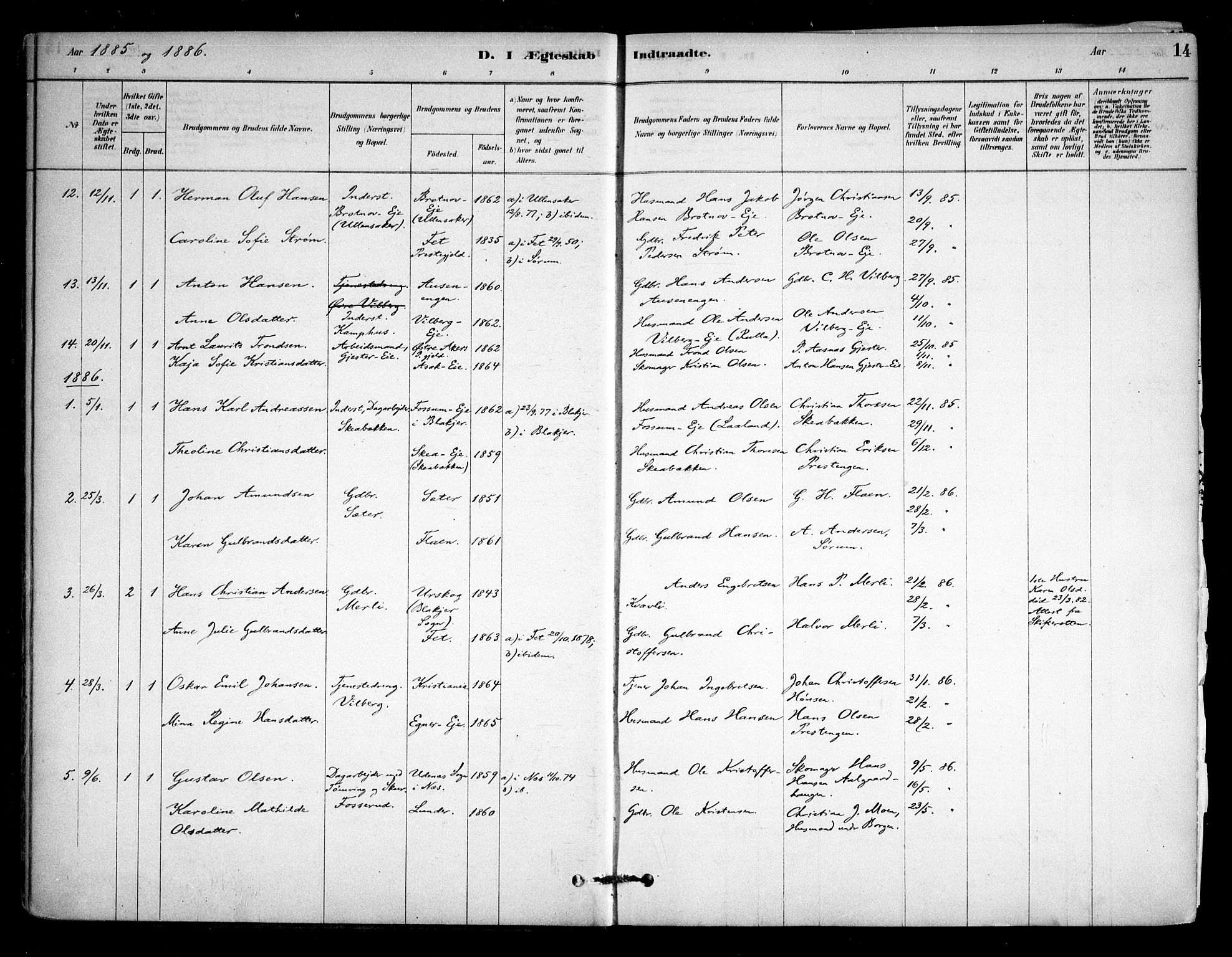 Sørum prestekontor Kirkebøker, SAO/A-10303/F/Fa/L0008: Parish register (official) no. I 8, 1878-1914, p. 14
