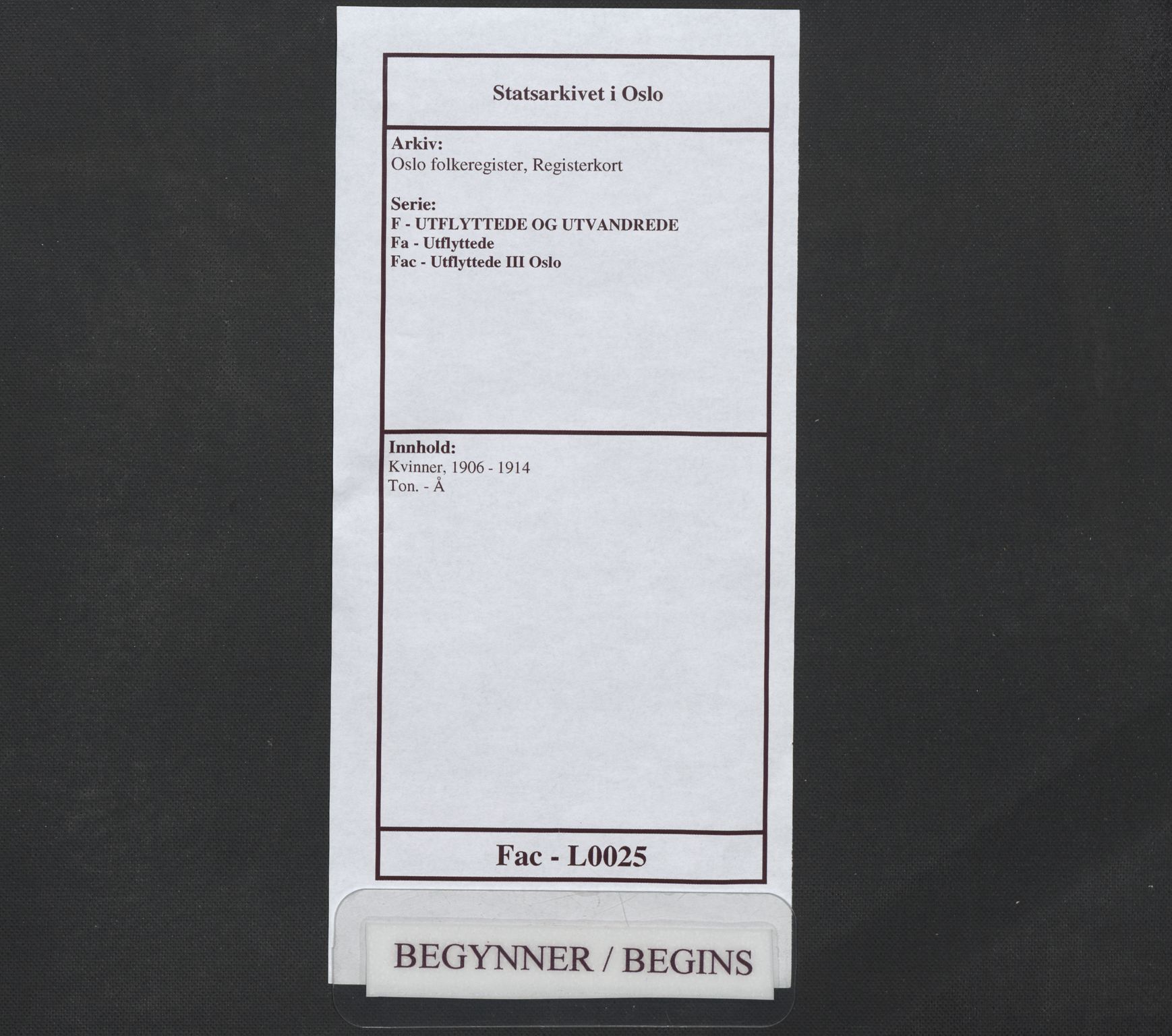 Oslo folkeregister, Registerkort, SAO/A-11715/F/Fa/Fac/L0025: Kvinner, 1906-1914