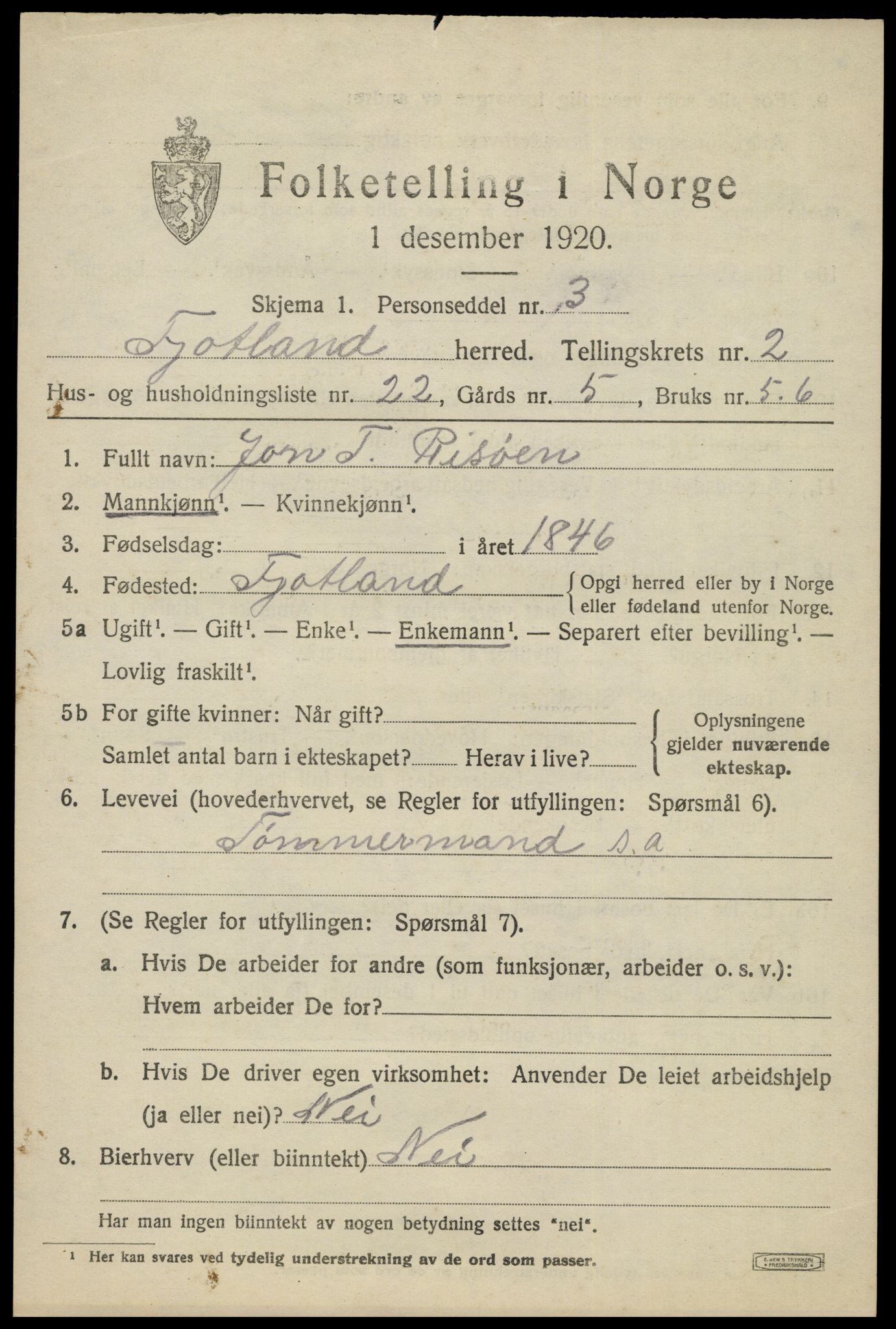 SAK, 1920 census for Fjotland, 1920, p. 922