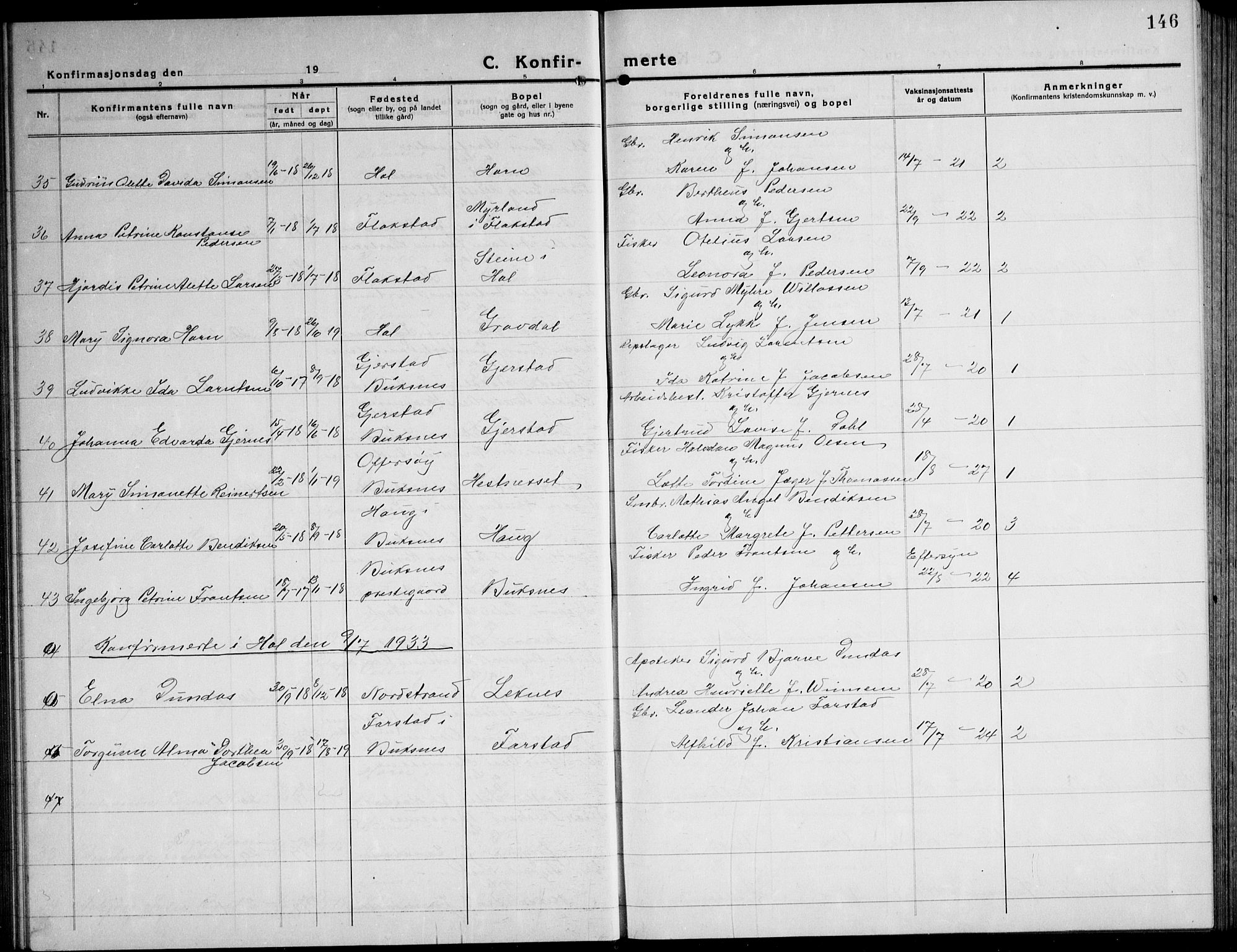 Ministerialprotokoller, klokkerbøker og fødselsregistre - Nordland, AV/SAT-A-1459/881/L1170: Parish register (copy) no. 881C07, 1930-1943, p. 146