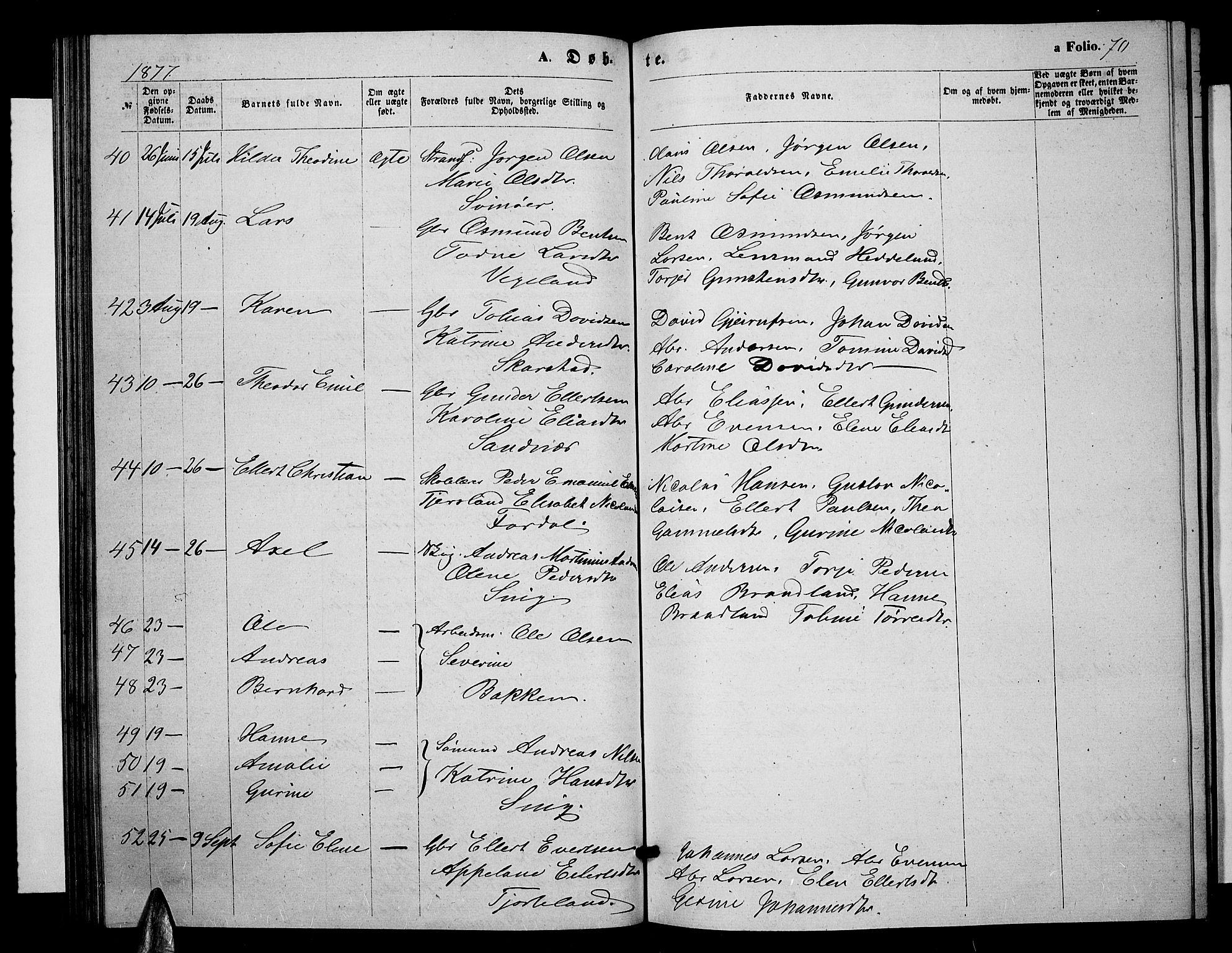 Sør-Audnedal sokneprestkontor, SAK/1111-0039/F/Fb/Fbb/L0004: Parish register (copy) no. B 4, 1868-1879, p. 70