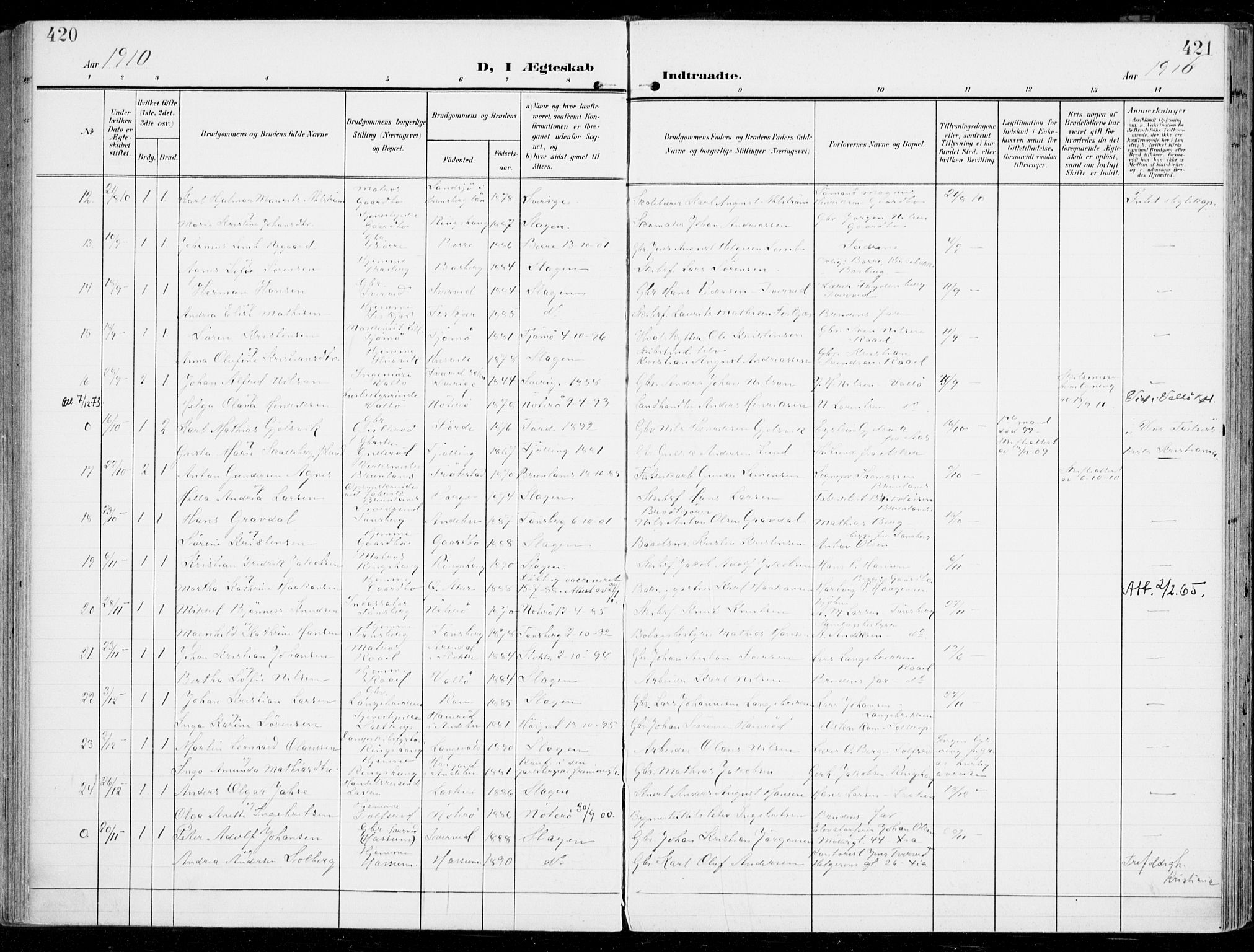 Sem kirkebøker, SAKO/A-5/F/Fb/L0006: Parish register (official) no. II 6, 1905-1918, p. 420-421