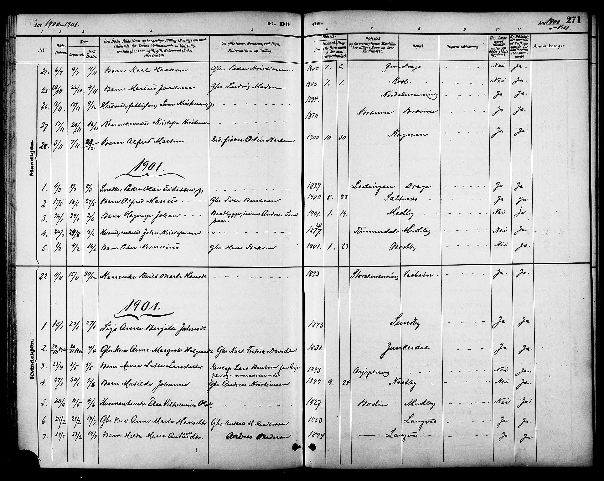 Ministerialprotokoller, klokkerbøker og fødselsregistre - Nordland, AV/SAT-A-1459/847/L0669: Parish register (official) no. 847A09, 1887-1901, p. 271