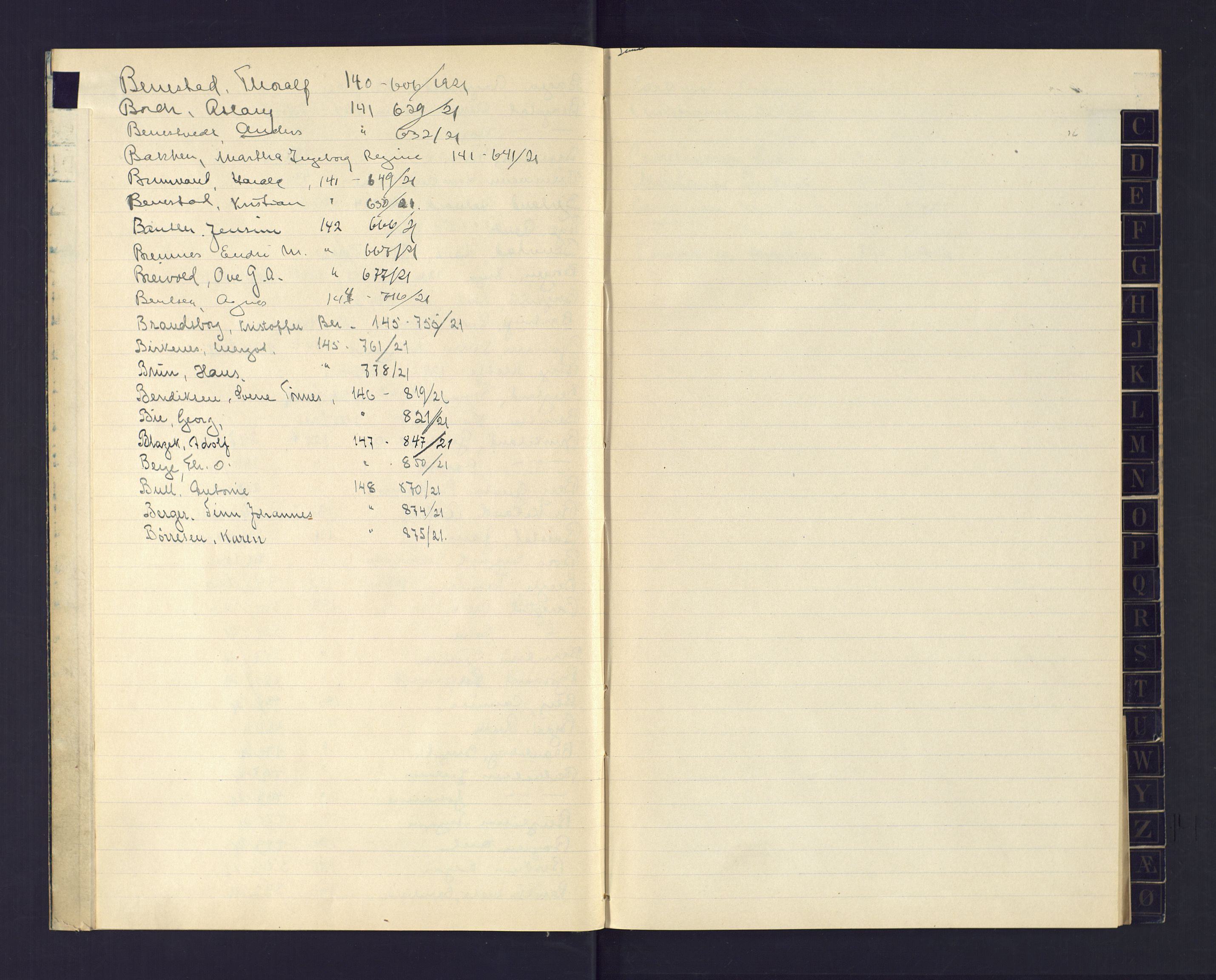 Kristiansand politikammer, AV/SAK-1243-0004/K/Ka/L0234: Register til passprotokoll, 1921, p. 5