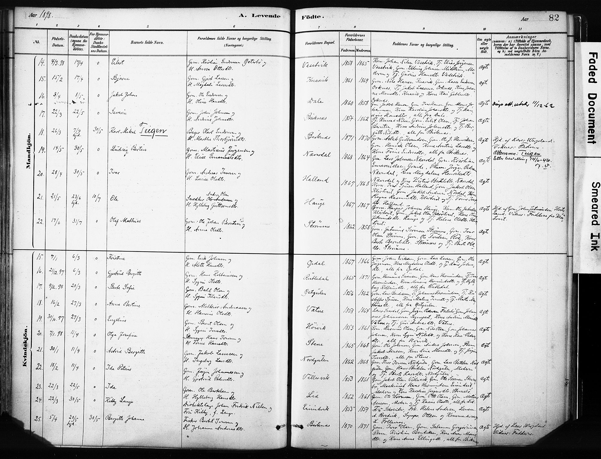 Gulen sokneprestembete, AV/SAB-A-80201/H/Haa/Haab/L0001: Parish register (official) no. B 1, 1881-1905, p. 82