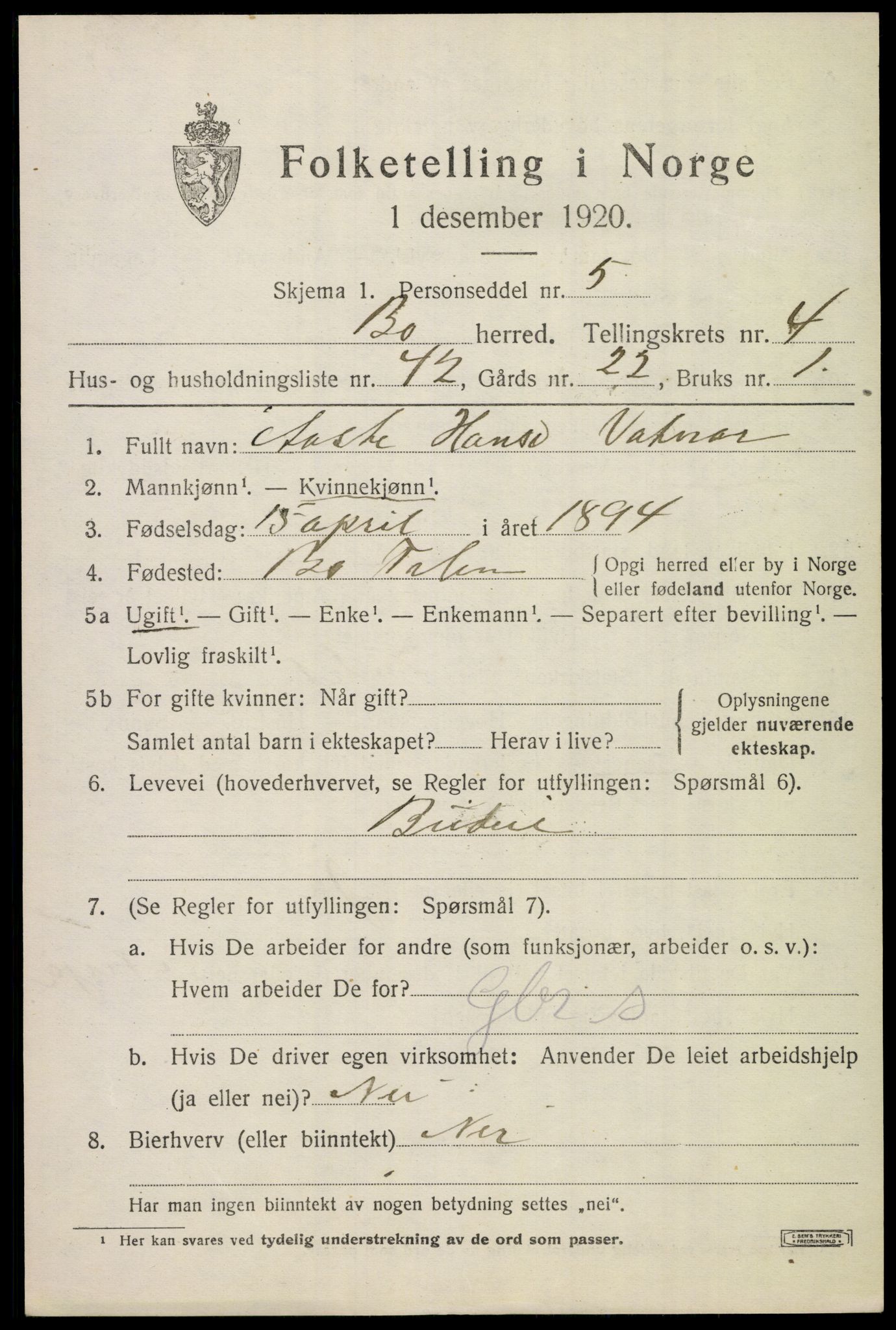 SAKO, 1920 census for Bø (Telemark), 1920, p. 3594