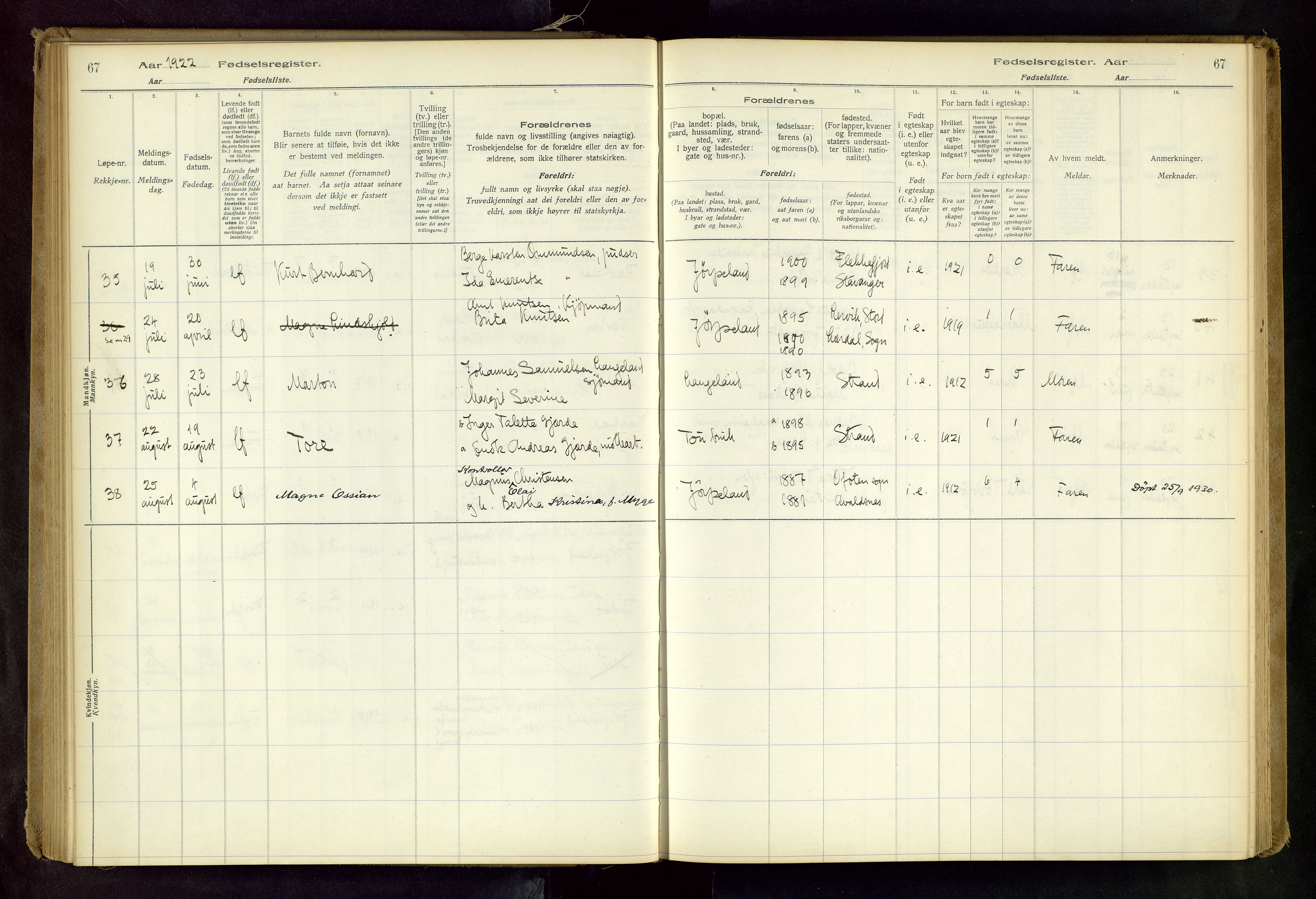 Strand sokneprestkontor, AV/SAST-A-101828/I/Id/L0001: Birth register no. 1, 1916-1938, p. 67