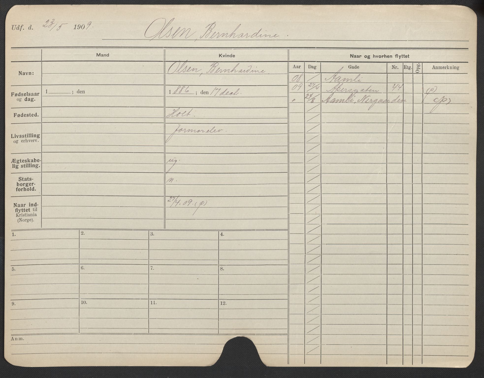 Oslo folkeregister, Registerkort, AV/SAO-A-11715/F/Fa/Fac/L0021: Kvinner, 1906-1914, p. 955a