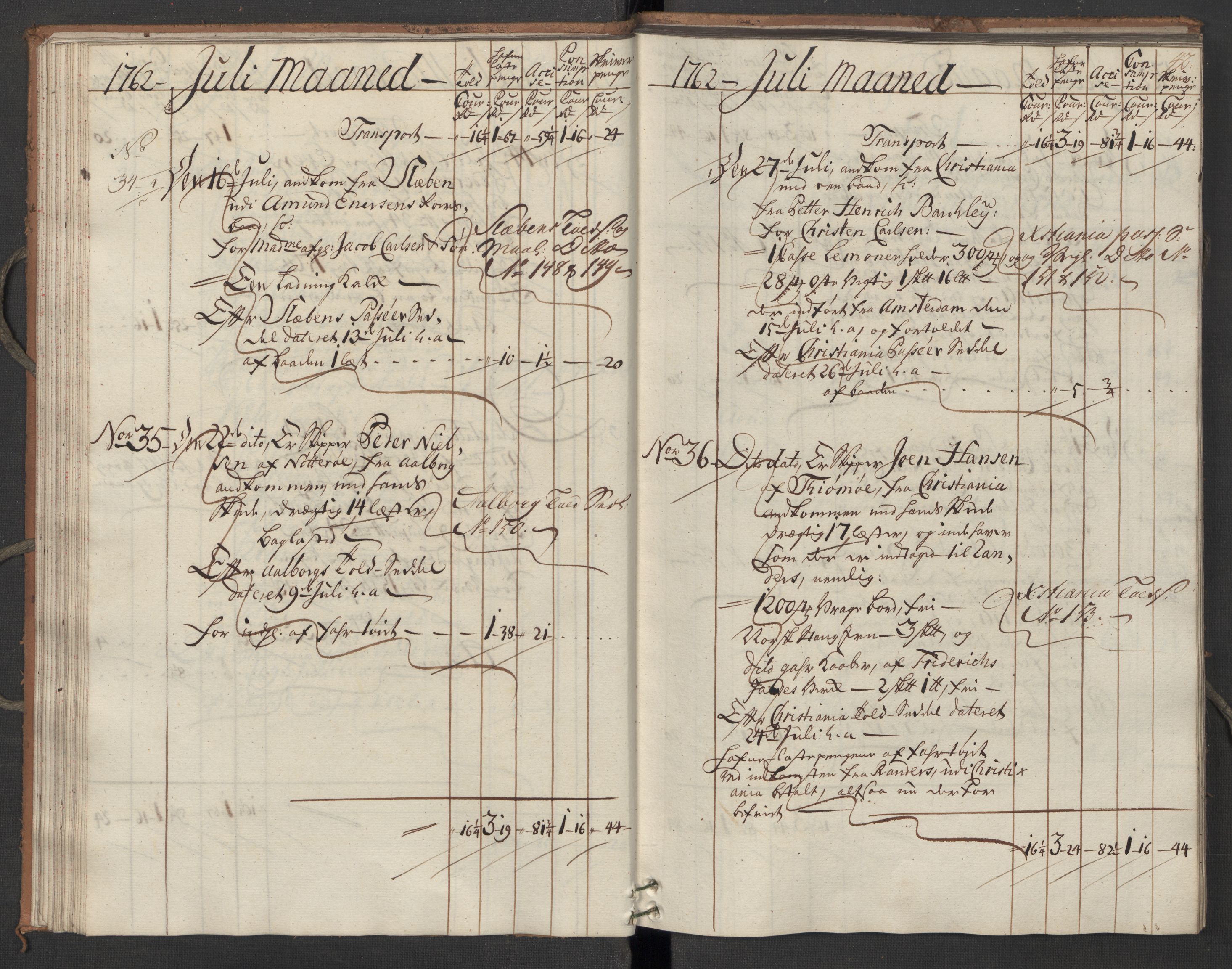 Generaltollkammeret, tollregnskaper, AV/RA-EA-5490/R07/L0022/0001: Tollregnskaper Sand / Inngående hovedtollbok, 1762, p. 41b-42a