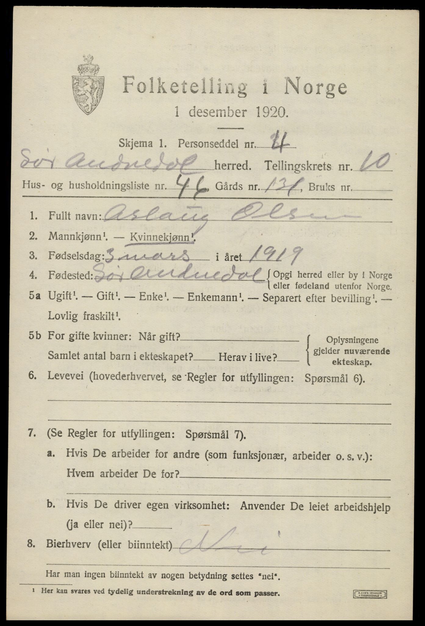 SAK, 1920 census for Sør-Audnedal, 1920, p. 4231
