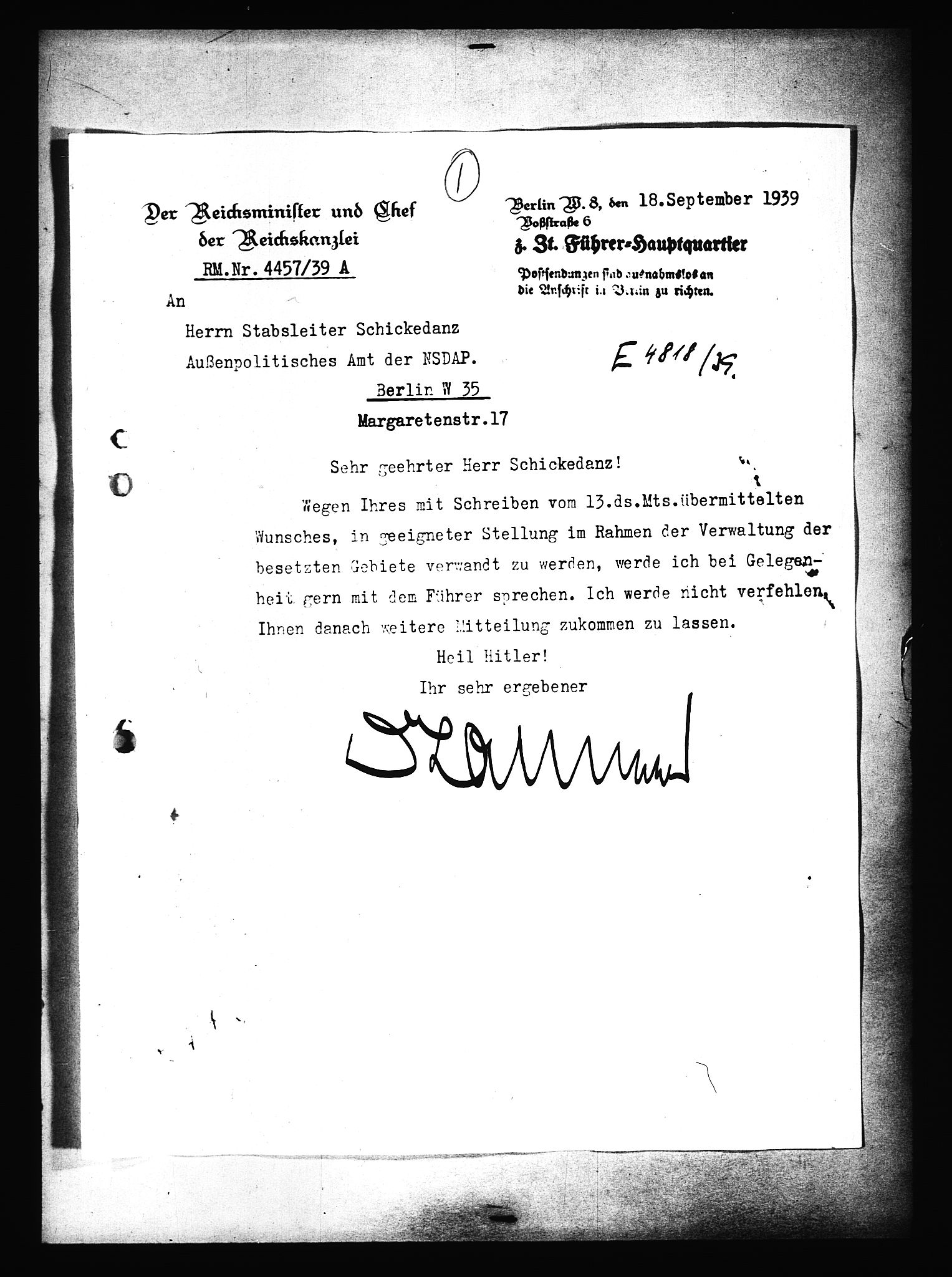 Documents Section, AV/RA-RAFA-2200/V/L0091: Amerikansk mikrofilm "Captured German Documents".
Box No. 953.  FKA jnr. 59/1955., 1935-1942, p. 736