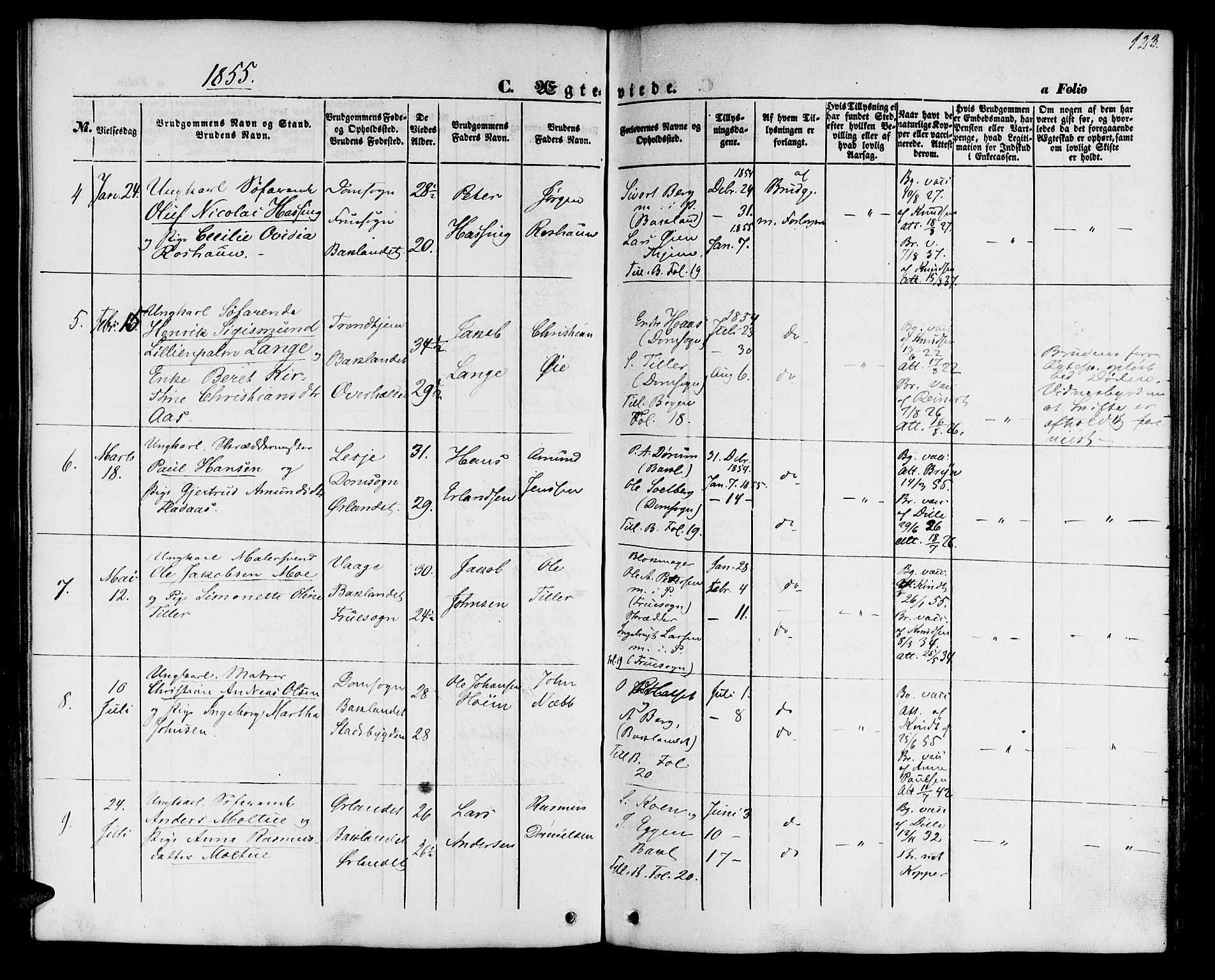 Ministerialprotokoller, klokkerbøker og fødselsregistre - Sør-Trøndelag, SAT/A-1456/604/L0184: Parish register (official) no. 604A05, 1851-1860, p. 123