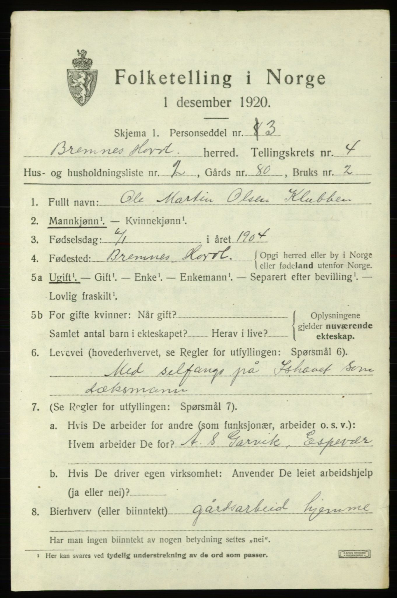 SAB, 1920 census for Bremnes, 1920, p. 1820