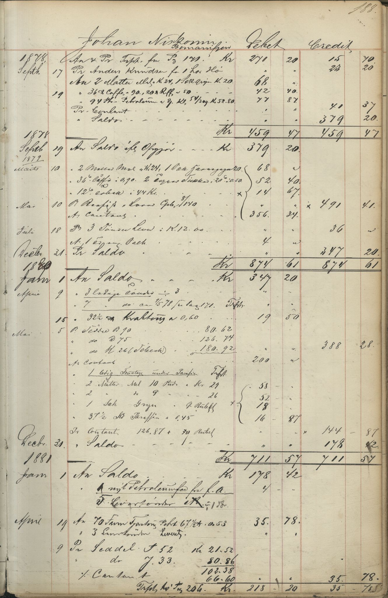 Brodtkorb handel A/S, VAMU/A-0001/F/Fc/L0001/0001: Konto for kvener og nordmenn på Kolahalvøya  / Conto for Kvæner og Nordmænd paa Russefinmarken No 1, 1868-1894, p. 188