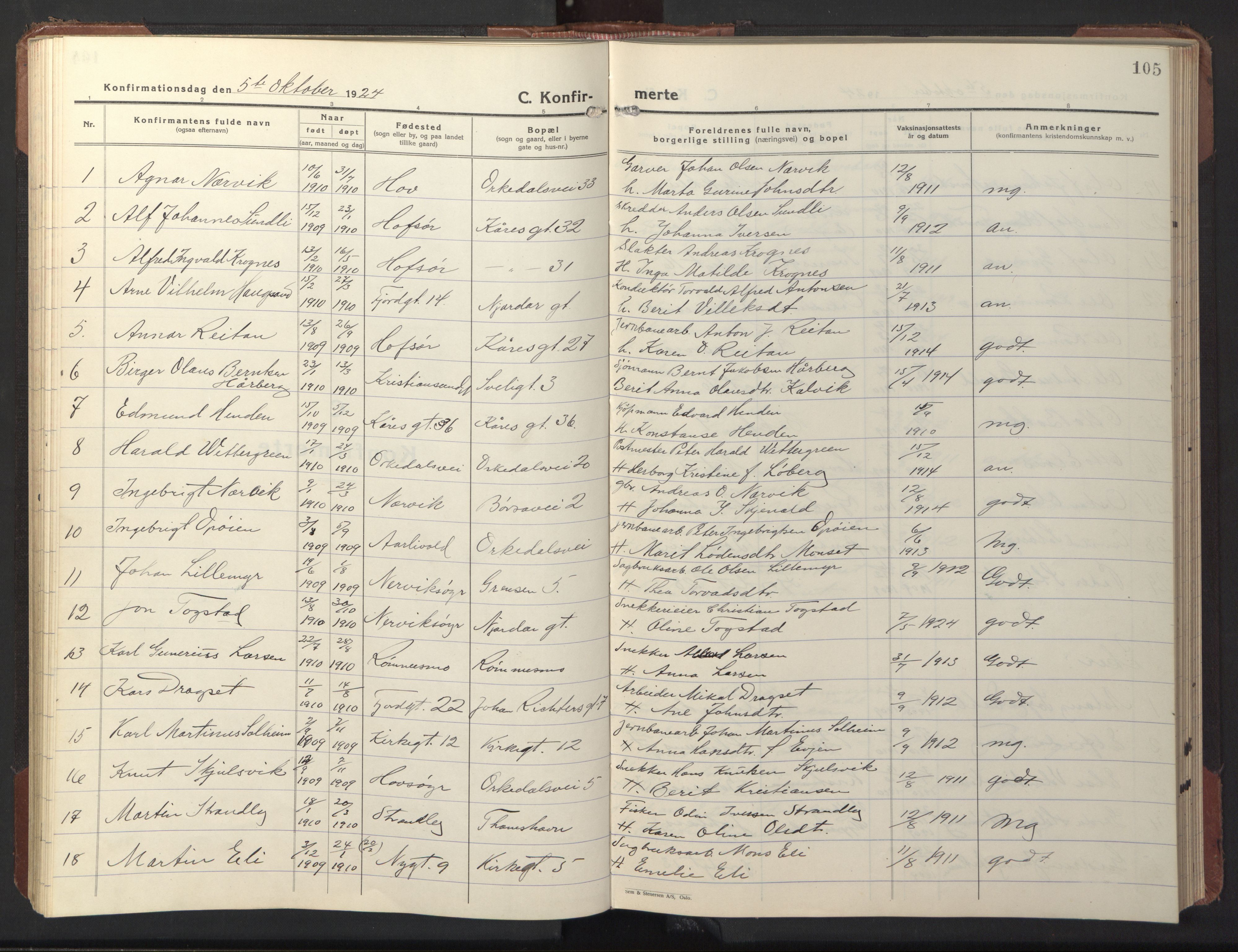 Ministerialprotokoller, klokkerbøker og fødselsregistre - Sør-Trøndelag, SAT/A-1456/669/L0832: Parish register (copy) no. 669C02, 1925-1953, p. 105