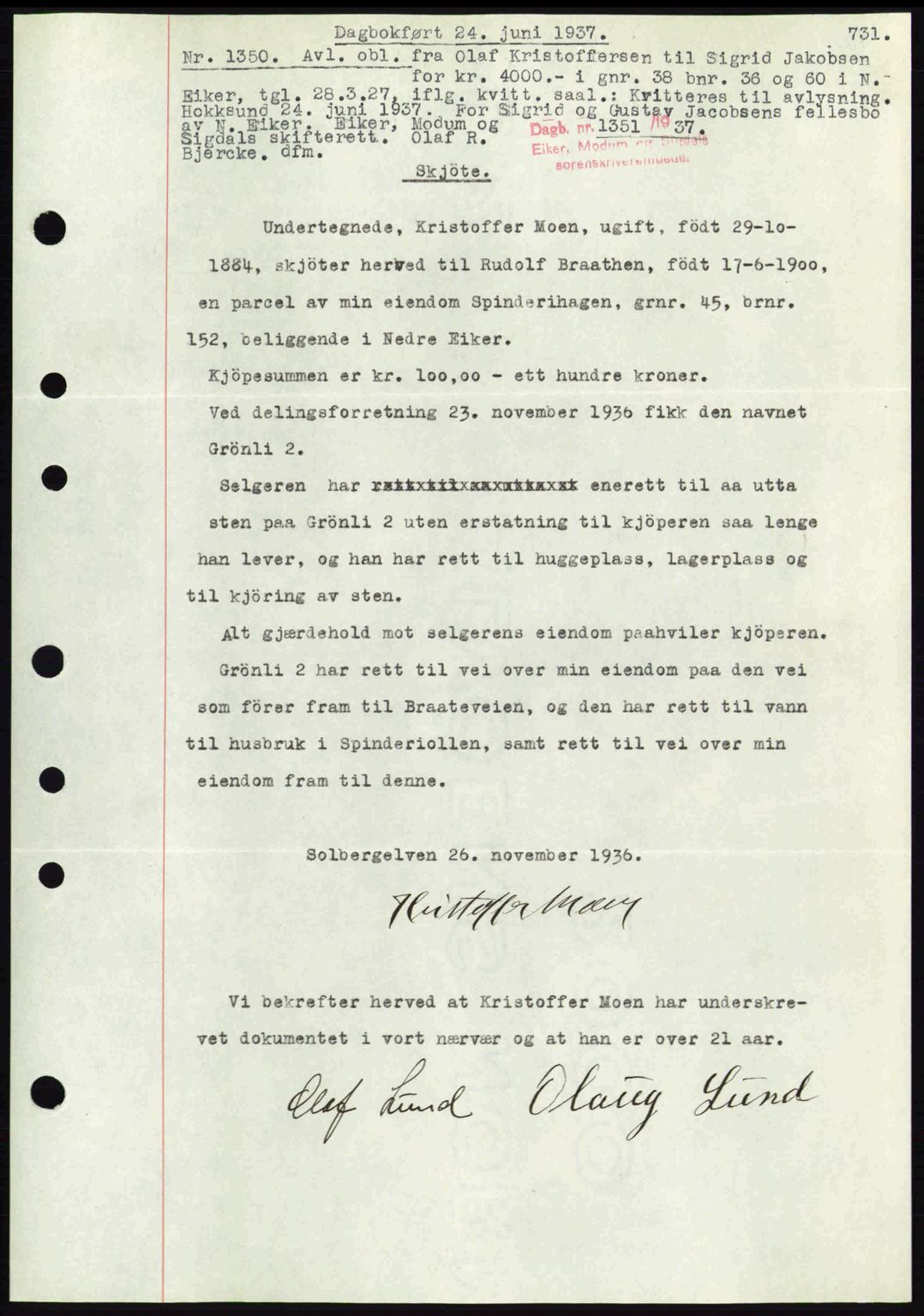 Eiker, Modum og Sigdal sorenskriveri, SAKO/A-123/G/Ga/Gab/L0035: Mortgage book no. A5, 1937-1937, Diary no: : 1351/1937