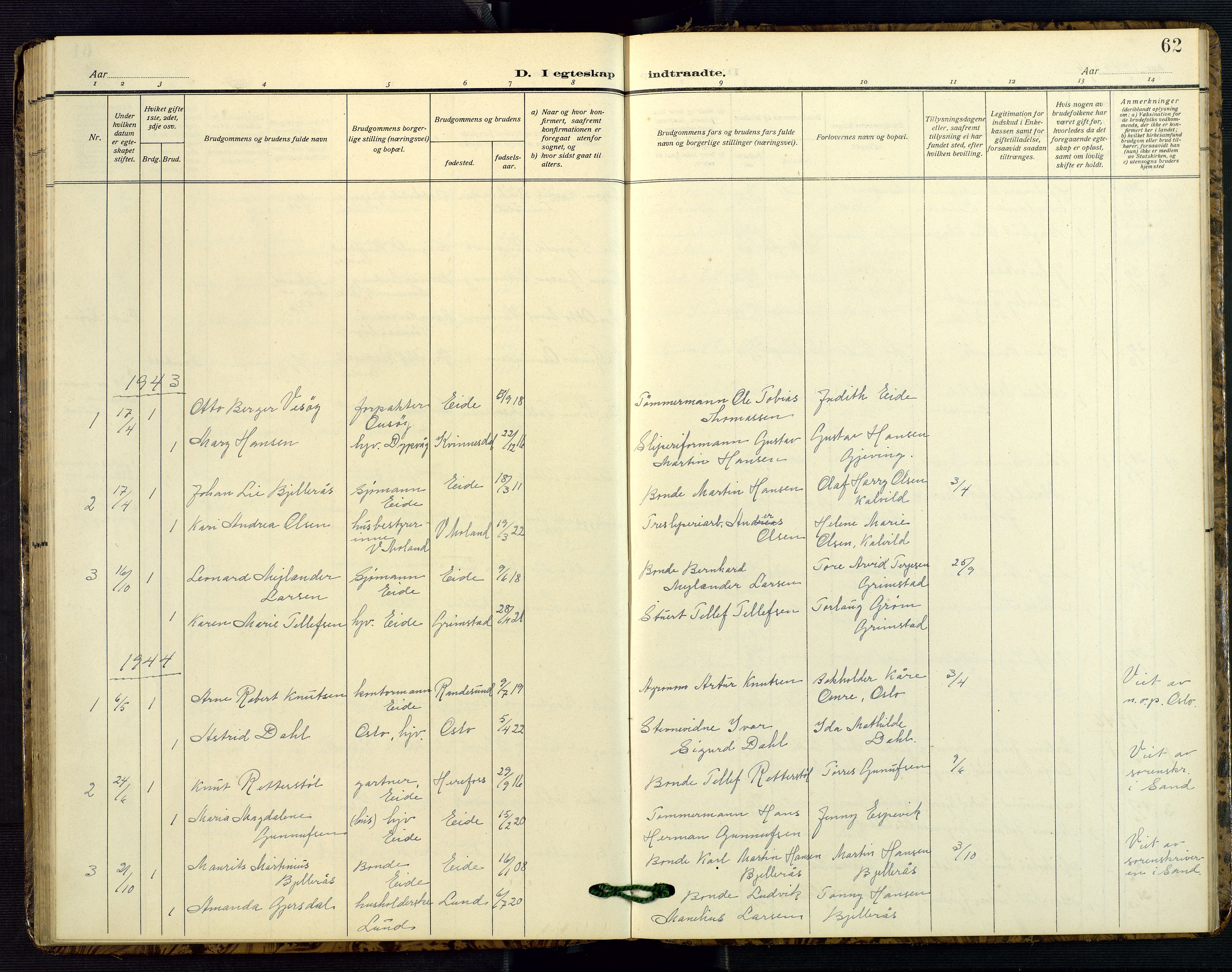 Hommedal sokneprestkontor, SAK/1111-0023/F/Fb/Fba/L0005: Parish register (copy) no. B 5, 1909-1957, p. 62