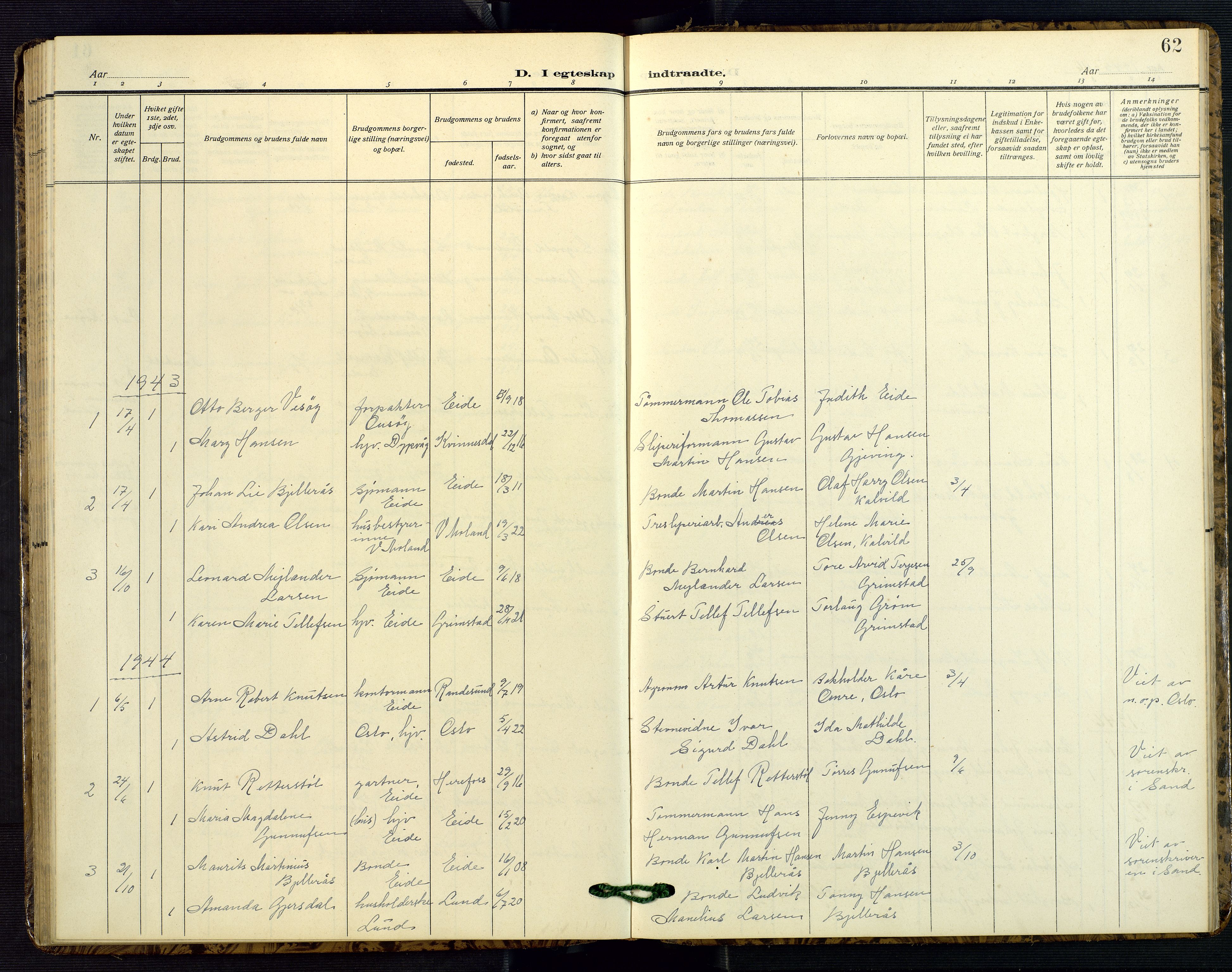 Hommedal sokneprestkontor, AV/SAK-1111-0023/F/Fb/Fba/L0005: Parish register (copy) no. B 5, 1909-1957, p. 62