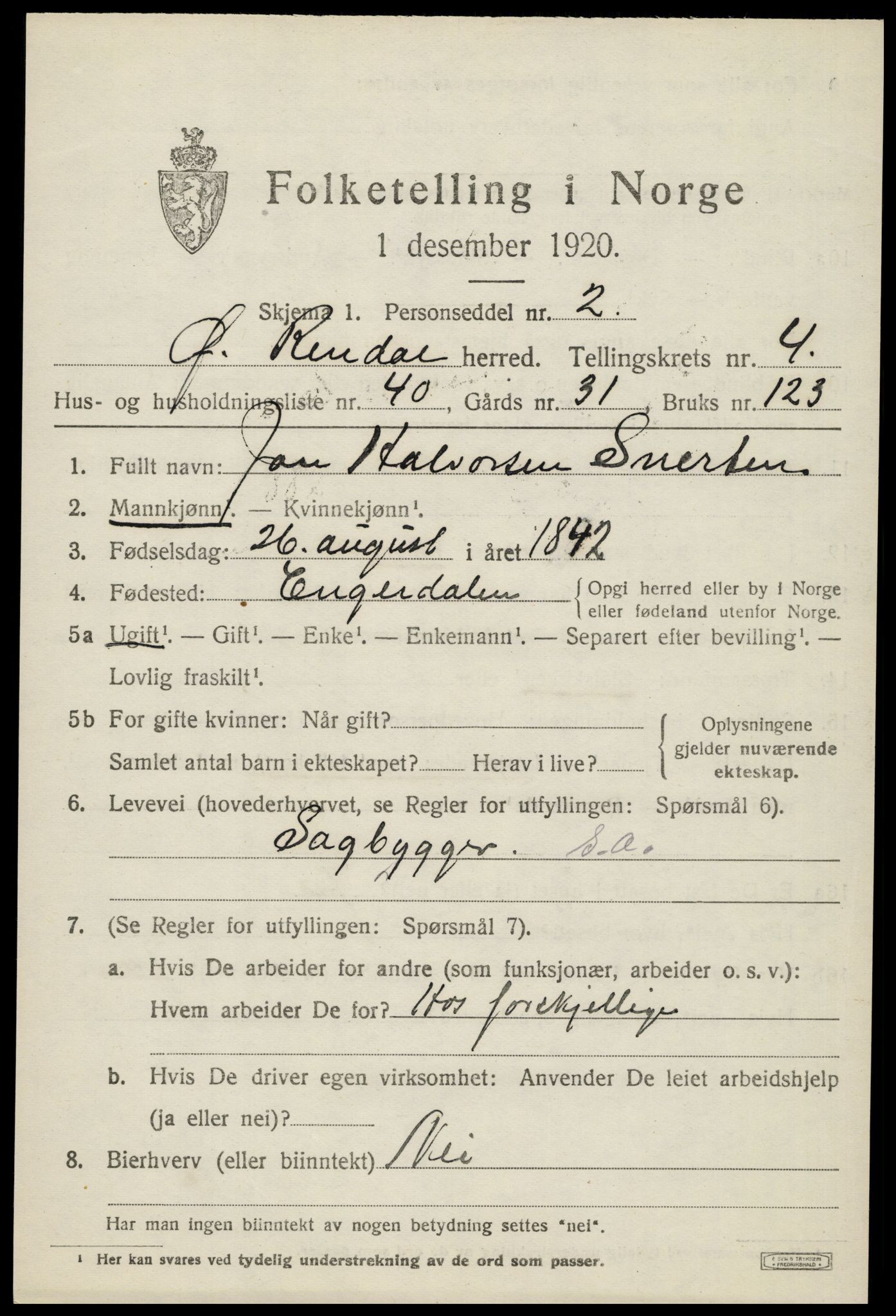 SAH, 1920 census for Øvre Rendal, 1920, p. 2035