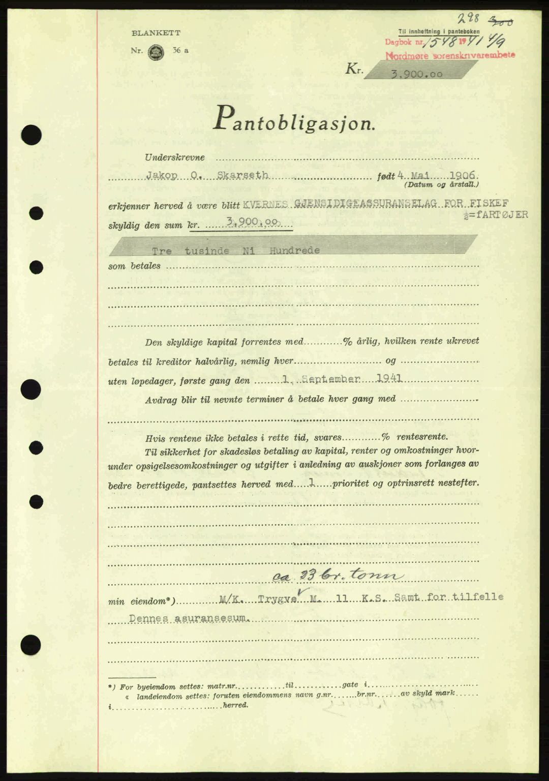 Nordmøre sorenskriveri, AV/SAT-A-4132/1/2/2Ca: Mortgage book no. B88, 1941-1942, Diary no: : 1548/1941