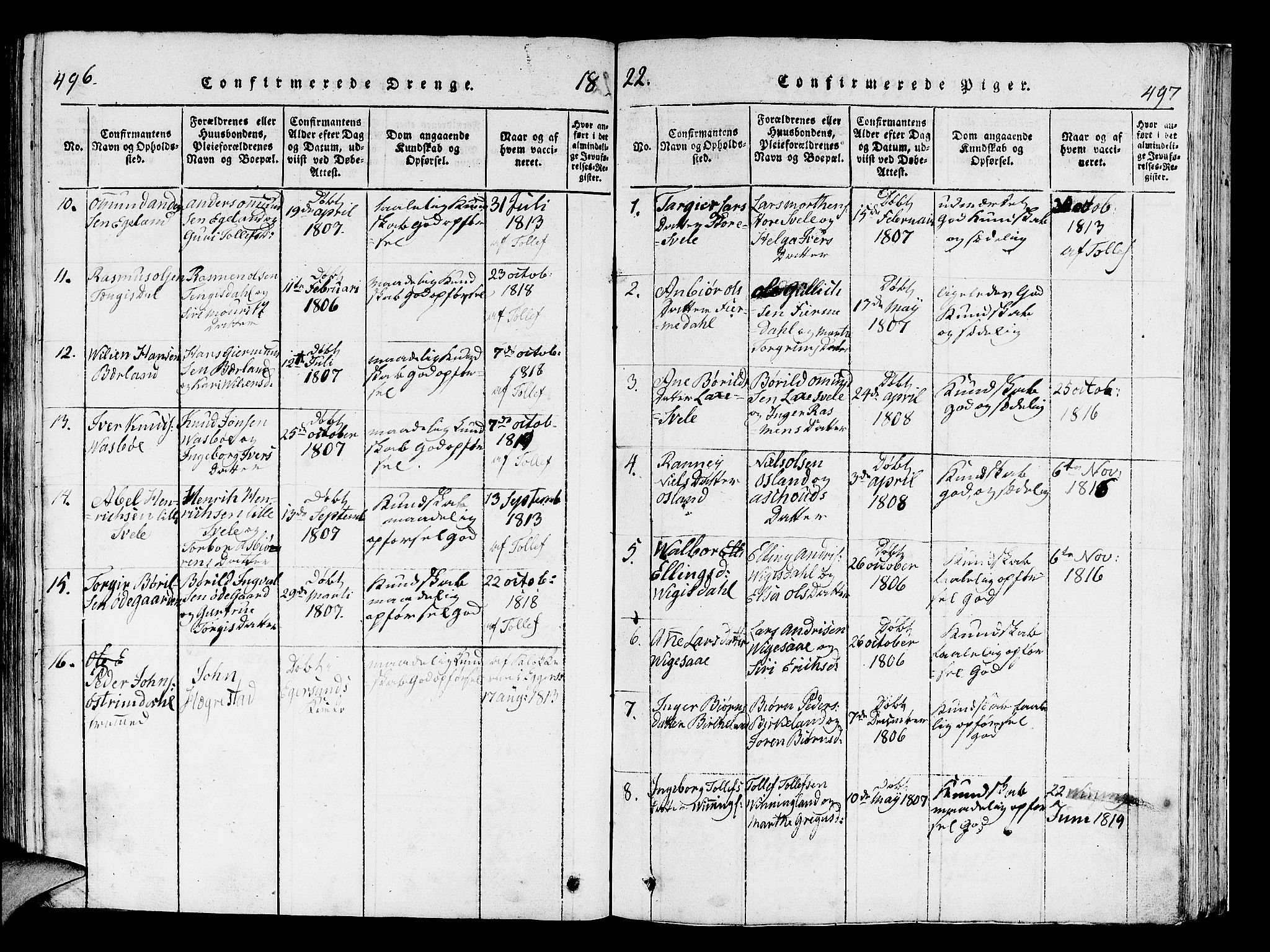 Helleland sokneprestkontor, AV/SAST-A-101810: Parish register (official) no. A 5, 1815-1834, p. 496-497