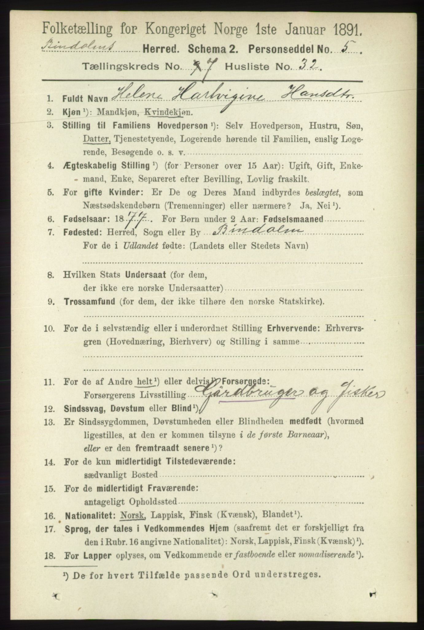 RA, 1891 census for 1811 Bindal, 1891, p. 2467