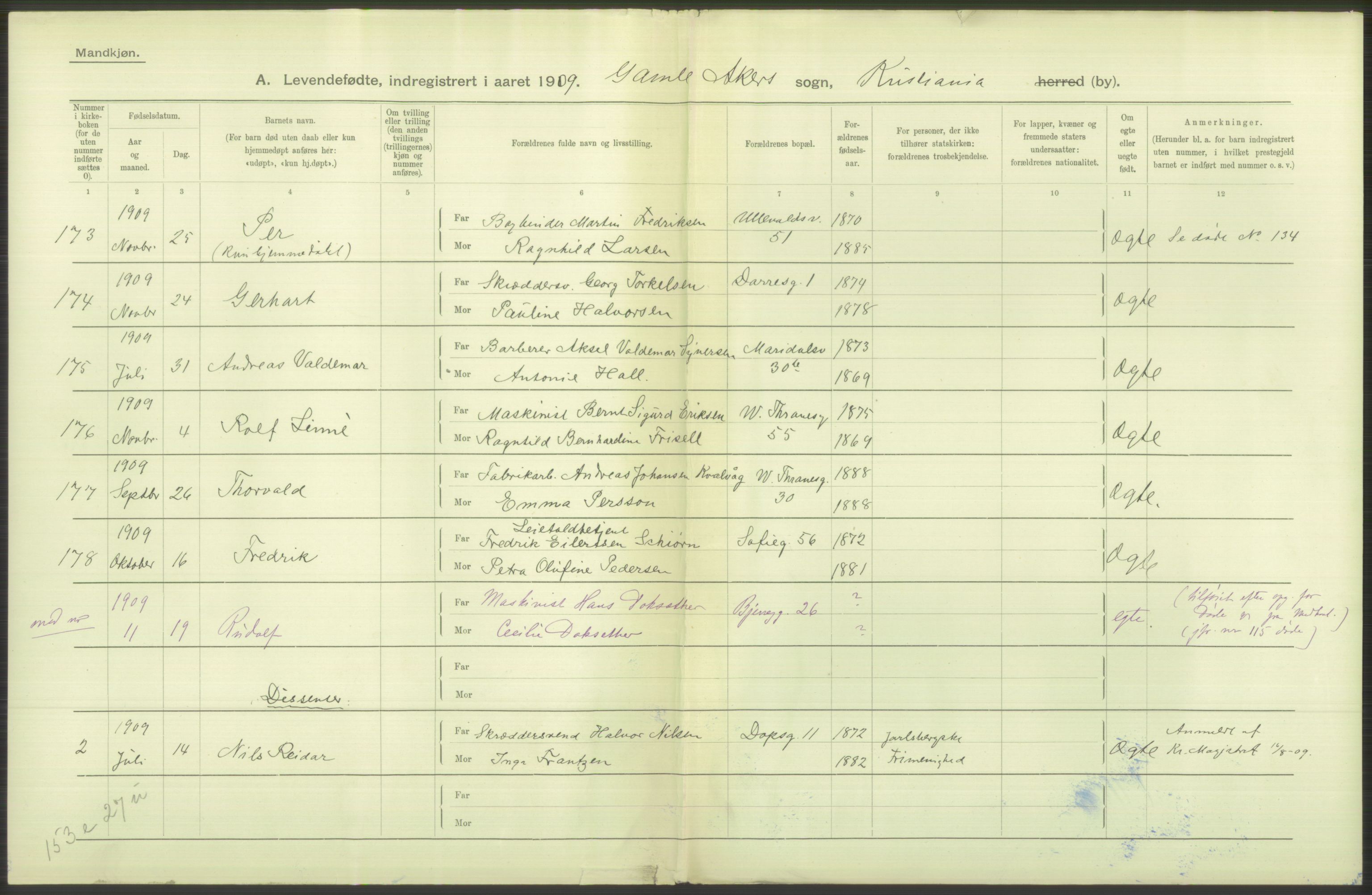 Statistisk sentralbyrå, Sosiodemografiske emner, Befolkning, AV/RA-S-2228/D/Df/Dfa/Dfag/L0007: Kristiania: Levendefødte menn og kvinner., 1909, p. 352