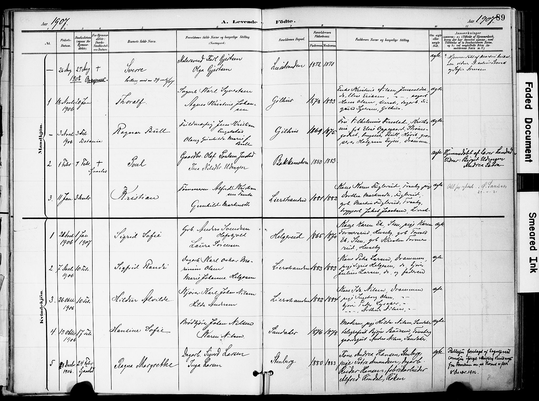 Lier kirkebøker, AV/SAKO-A-230/F/Fa/L0017: Parish register (official) no. I 17, 1901-1908, p. 89