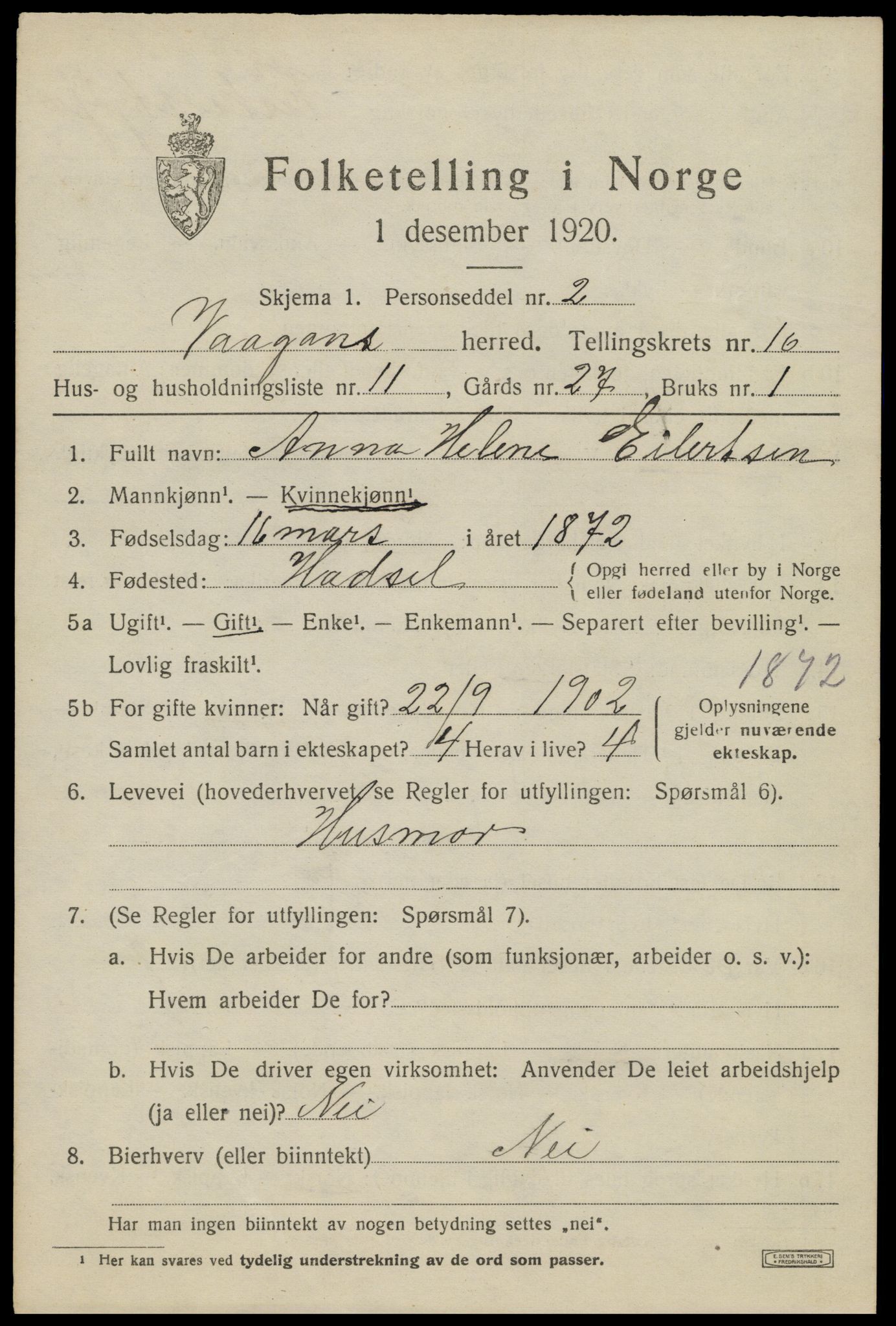 SAT, 1920 census for Vågan, 1920, p. 8991