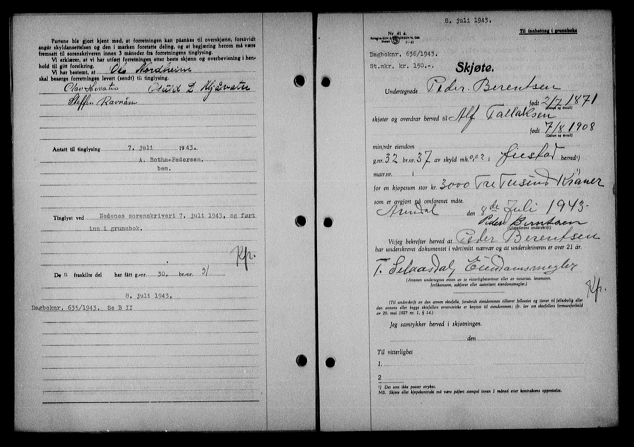 Nedenes sorenskriveri, AV/SAK-1221-0006/G/Gb/Gba/L0050: Mortgage book no. A-IV, 1942-1943, Diary no: : 636/1943