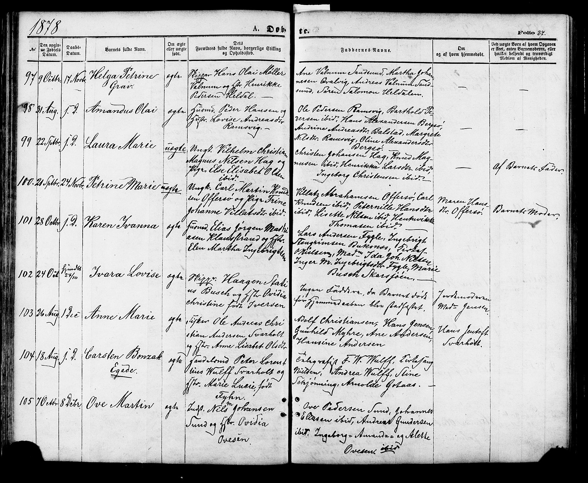 Ministerialprotokoller, klokkerbøker og fødselsregistre - Nordland, SAT/A-1459/881/L1166: Parish register (copy) no. 881C03, 1876-1885, p. 37
