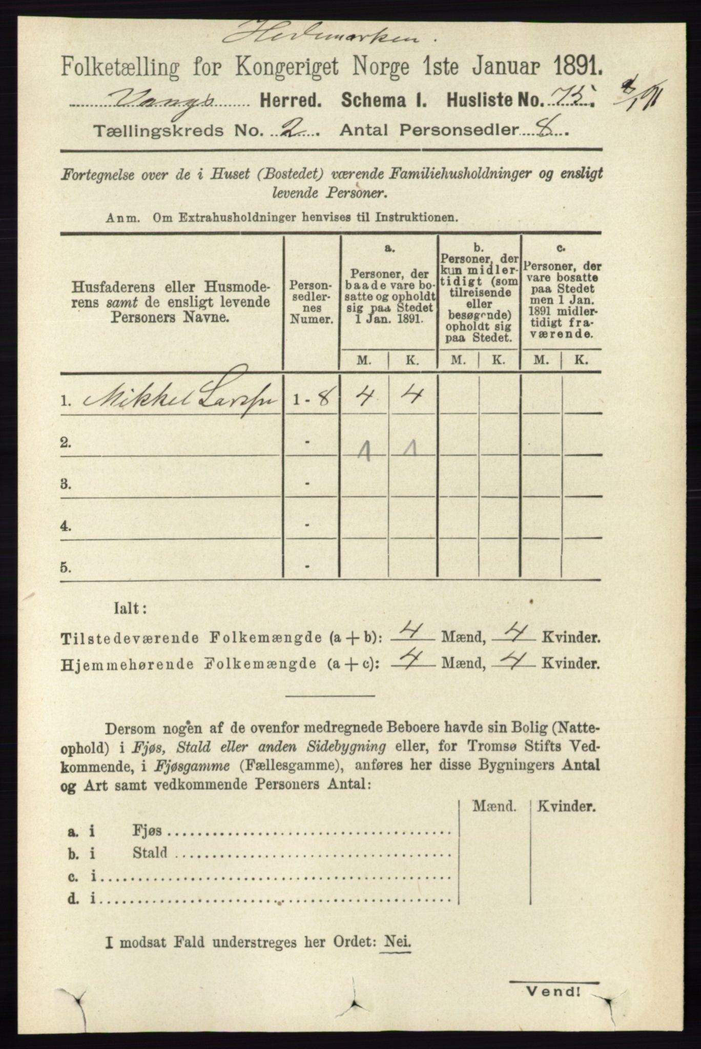 RA, 1891 census for 0414 Vang, 1891, p. 1006