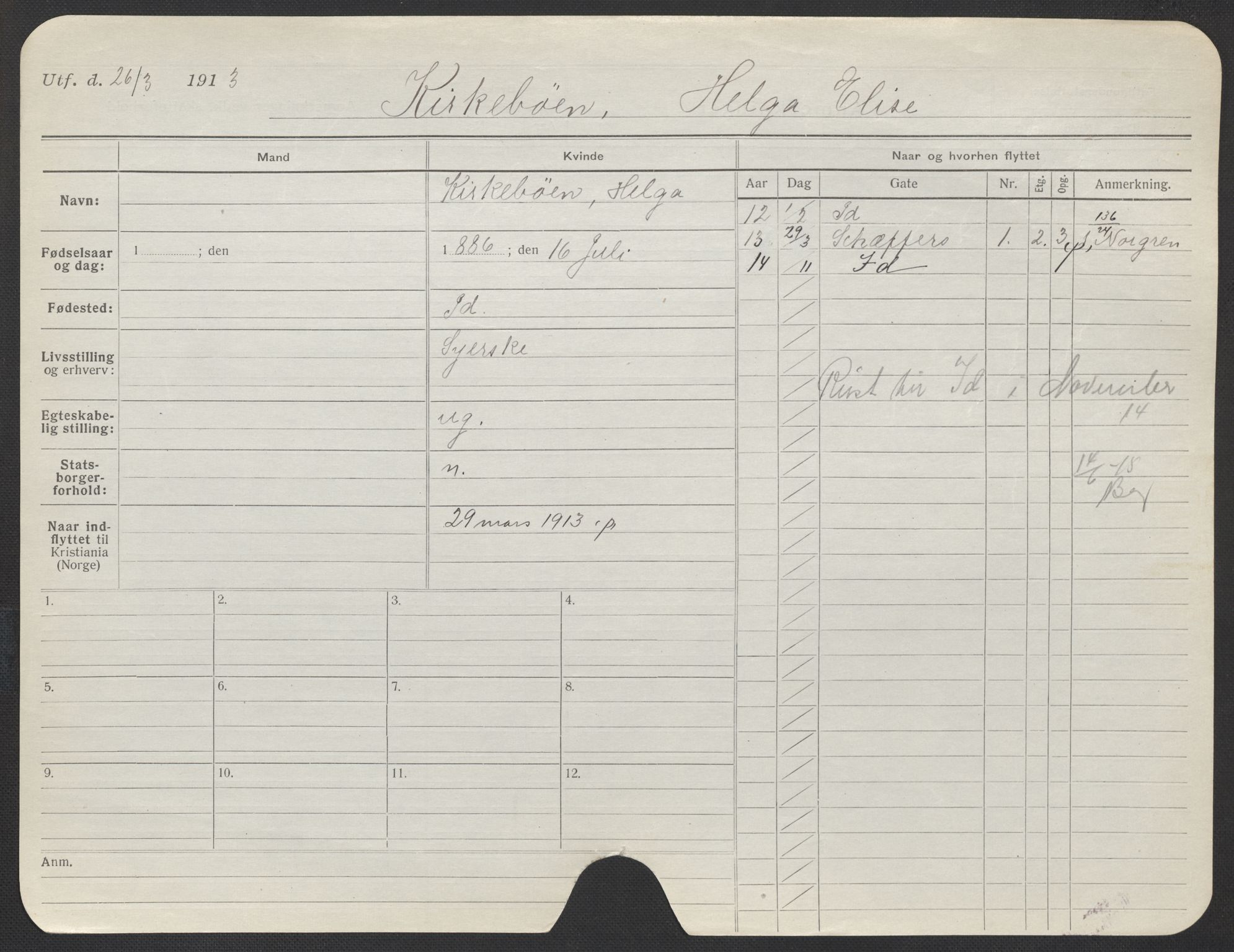 Oslo folkeregister, Registerkort, AV/SAO-A-11715/F/Fa/Fac/L0018: Kvinner, 1906-1914, p. 998a