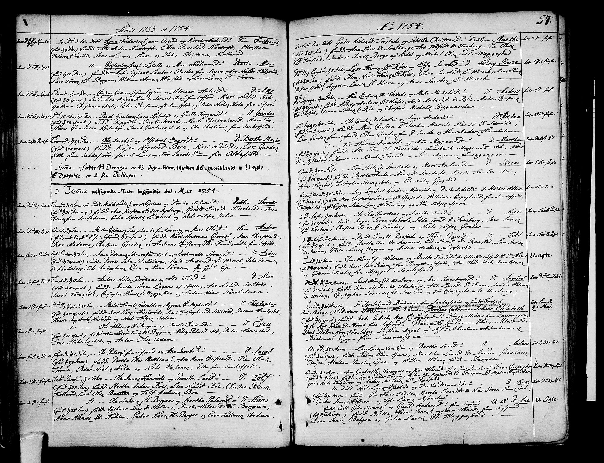 Sandar kirkebøker, SAKO/A-243/F/Fa/L0002: Parish register (official) no. 2, 1733-1788, p. 57