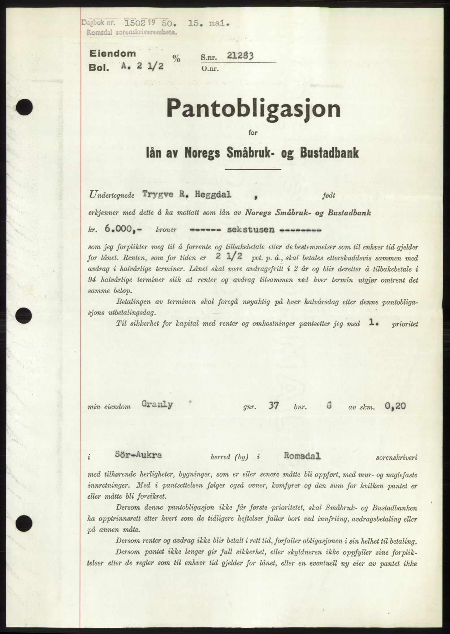 Romsdal sorenskriveri, AV/SAT-A-4149/1/2/2C: Mortgage book no. B5, 1949-1950, Diary no: : 1502/1950