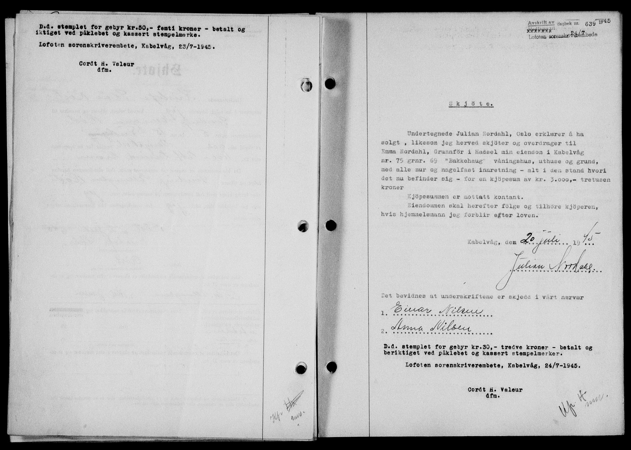 Lofoten sorenskriveri, SAT/A-0017/1/2/2C/L0013a: Mortgage book no. 13a, 1944-1946, Diary no: : 639/1945
