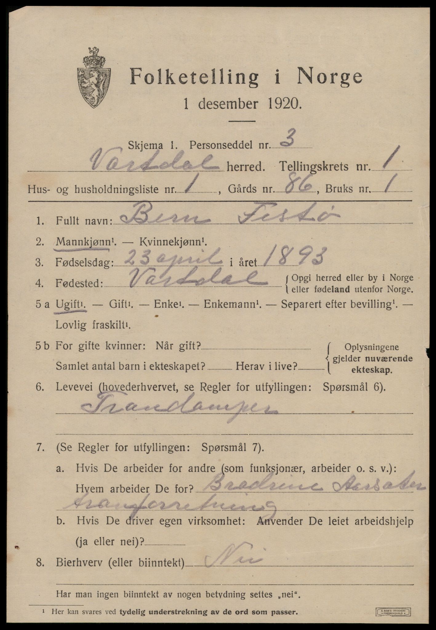 SAT, 1920 census for Vartdal, 1920, p. 277