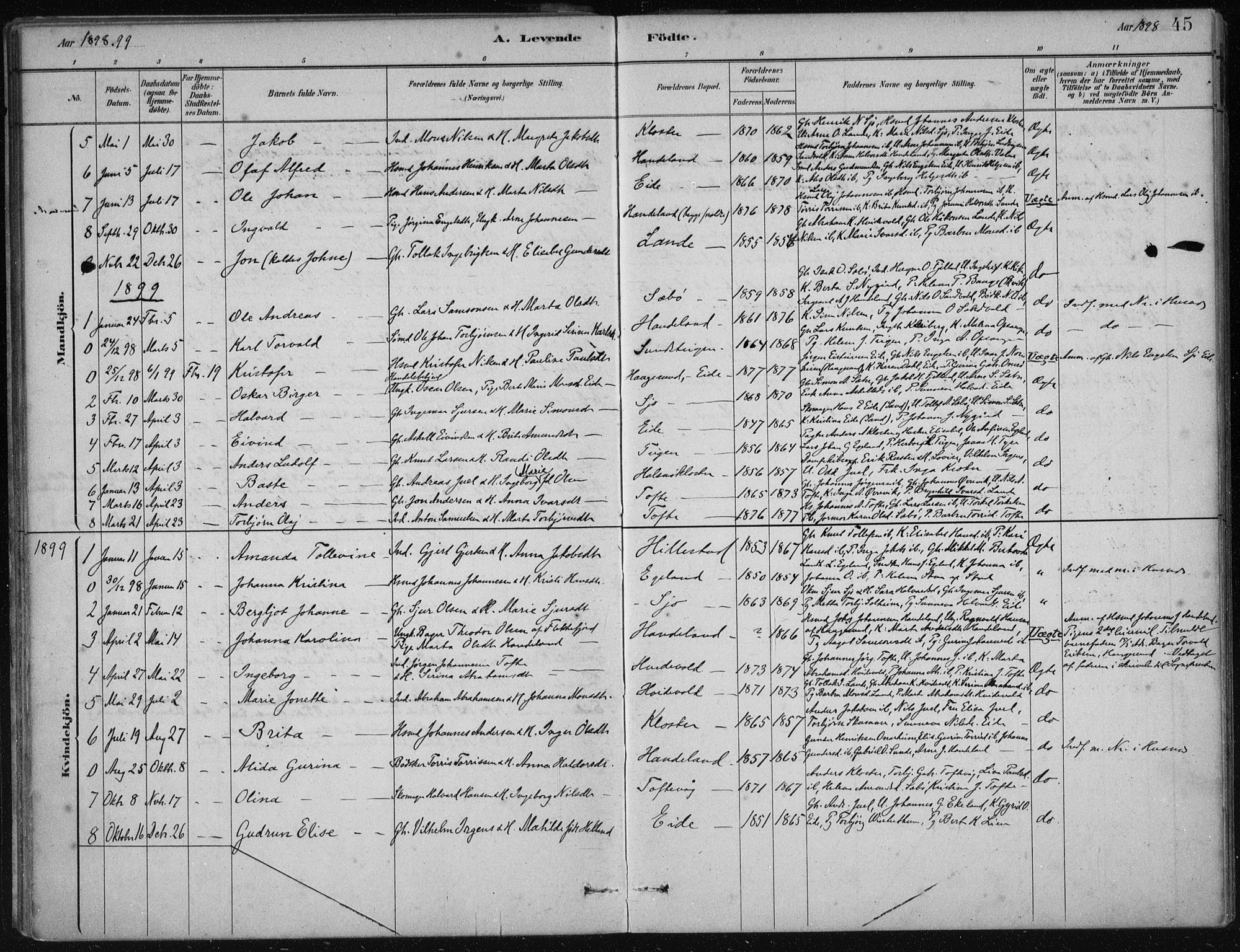 Fjelberg sokneprestembete, SAB/A-75201/H/Haa: Parish register (official) no. C  1, 1879-1918, p. 45
