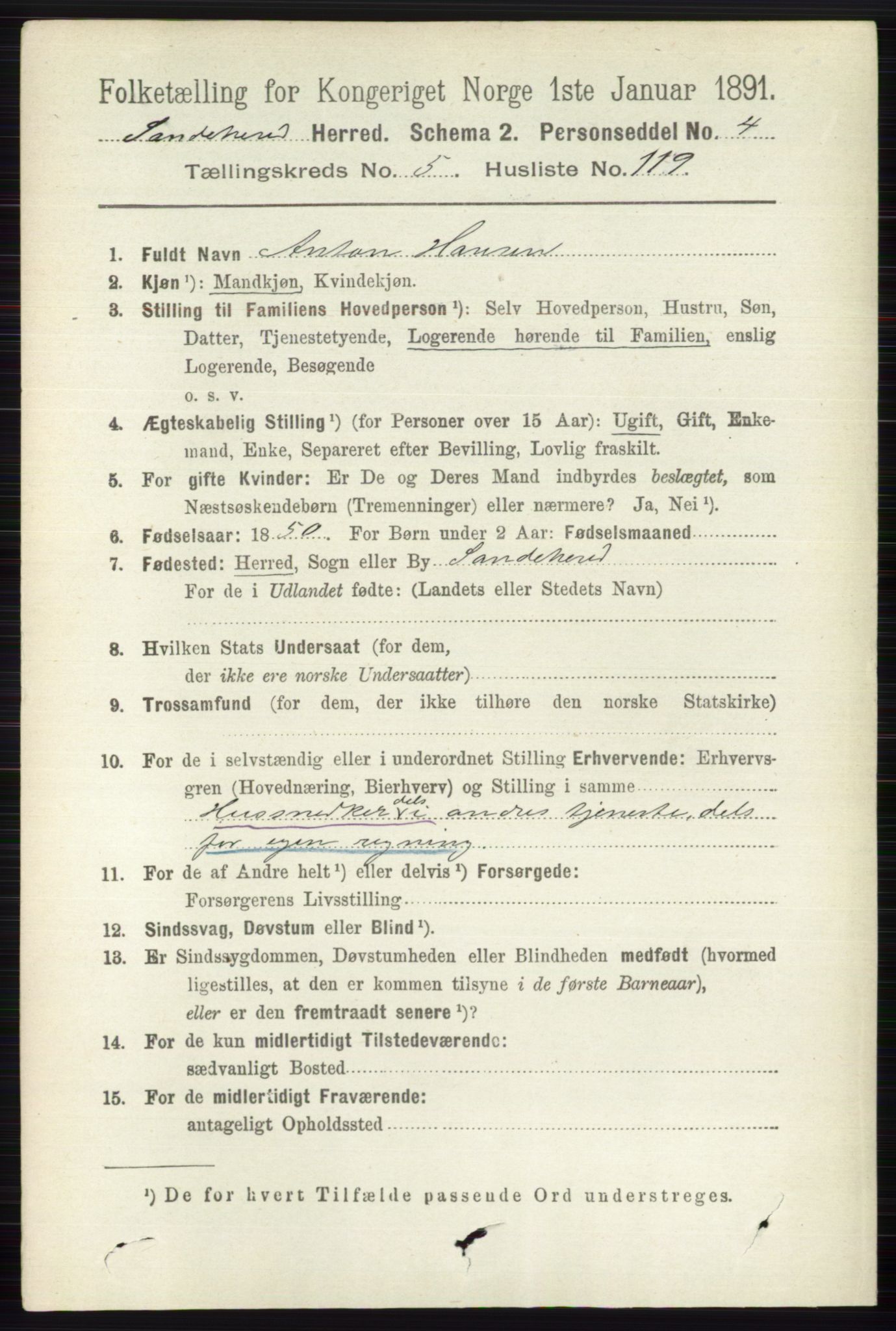 RA, 1891 census for 0724 Sandeherred, 1891, p. 3415