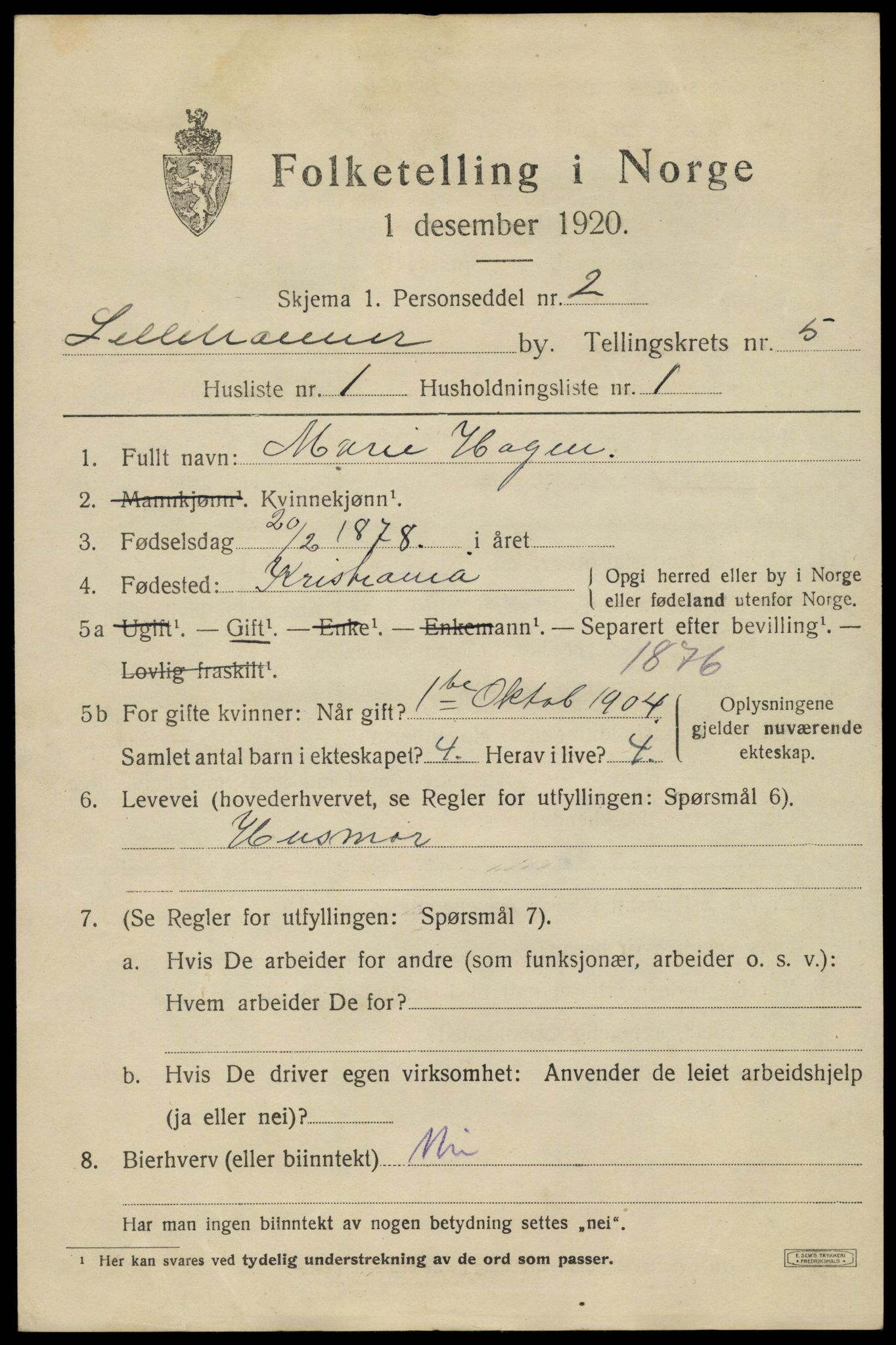 SAH, 1920 census for Lillehammer, 1920, p. 7648