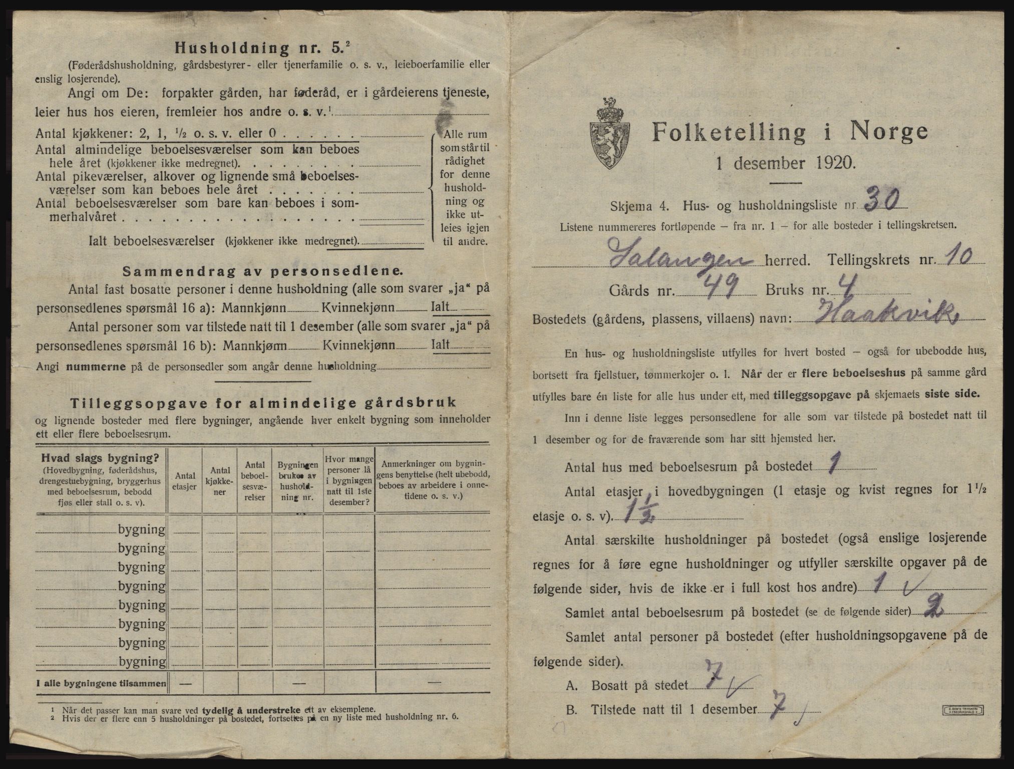 SATØ, 1920 census for Salangen, 1920, p. 934